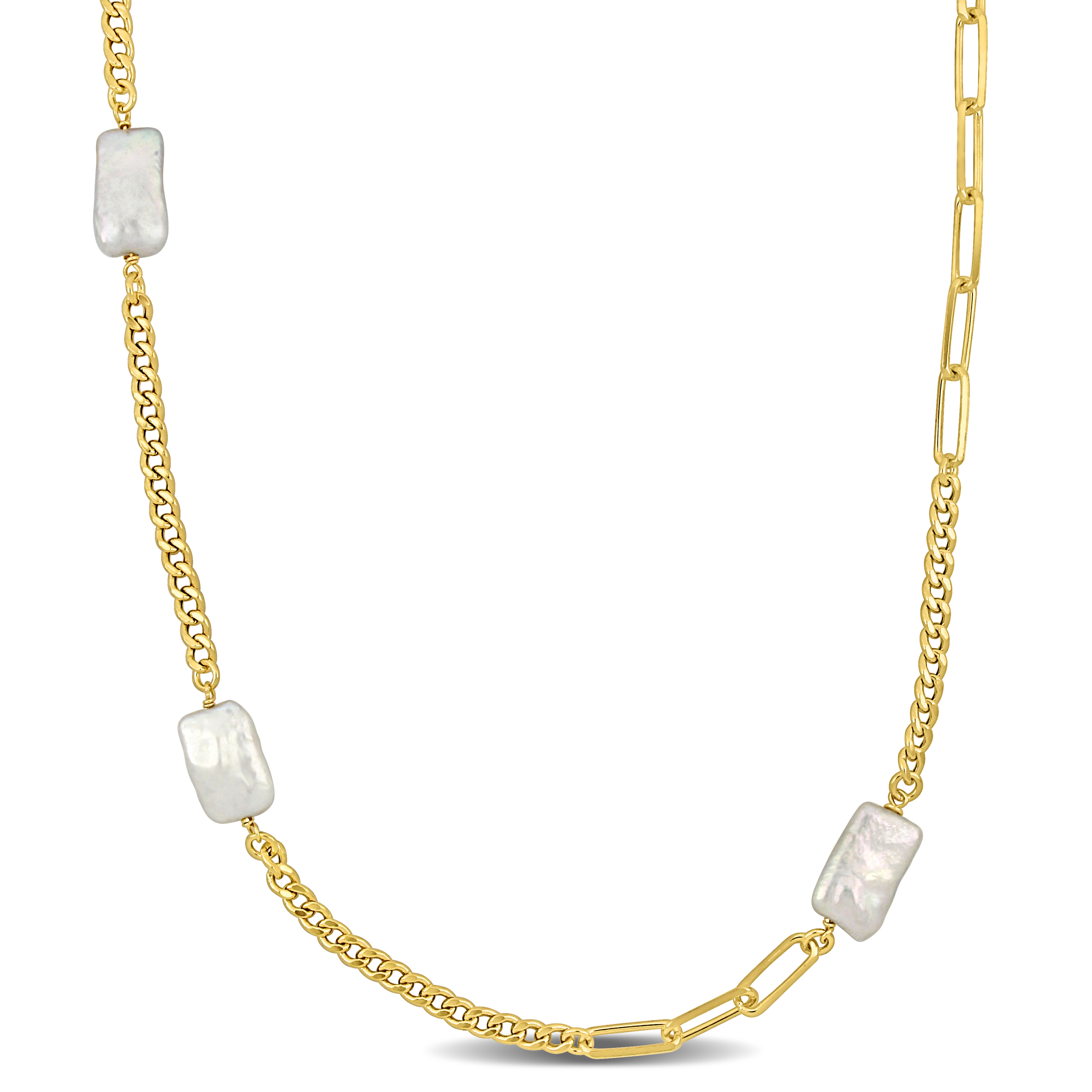 10x16.5 MM Cultured Freshwater Pearl Station Necklace with a Curb and Paperclip Link Chain in Yellow Plated Sterling Silver - 33 in.