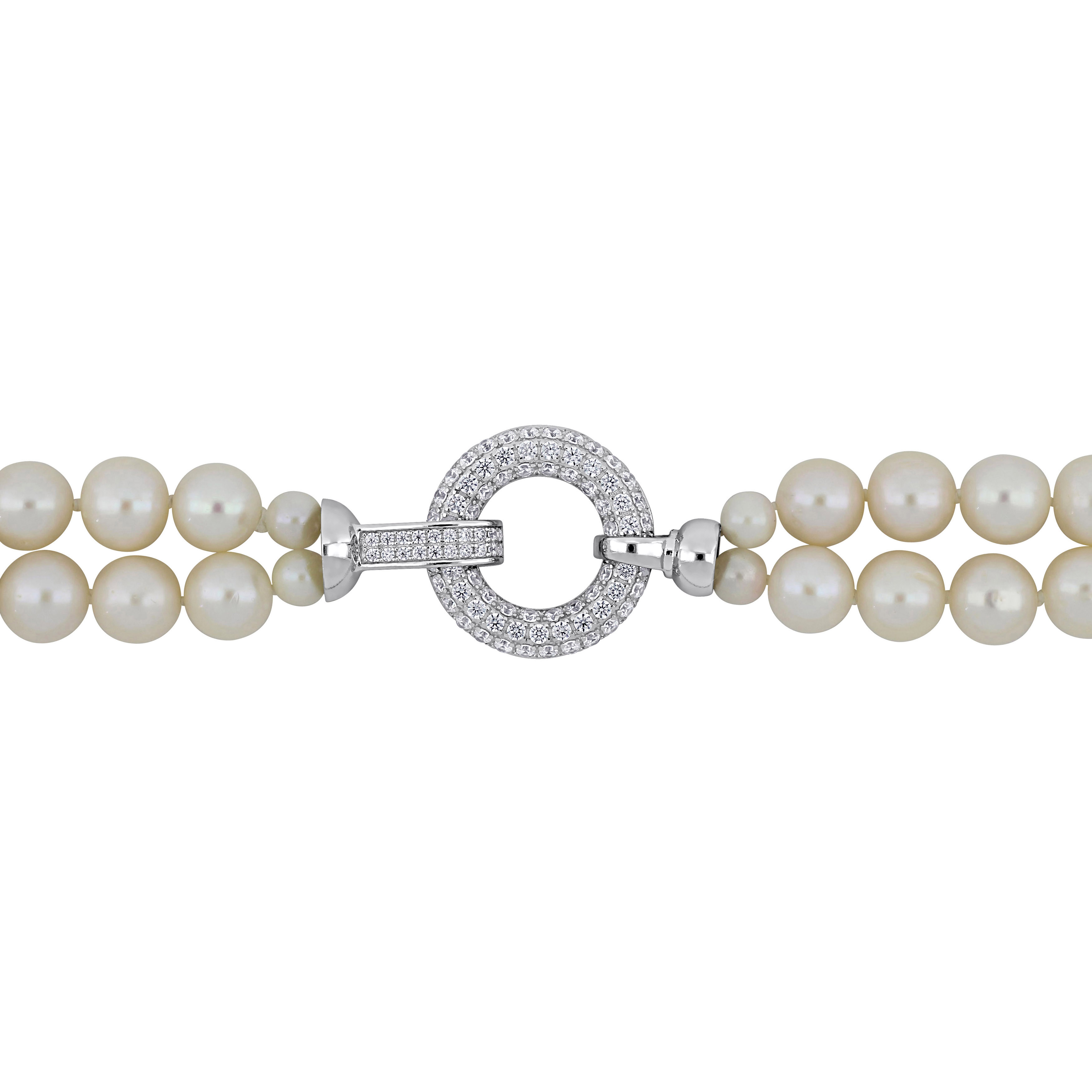 7 - 8 MM Freshwater Cultured Pearl 2-Strand 16+17 Necklace in Sterling Silver with Cubic Zirconia Enhanced Clasp