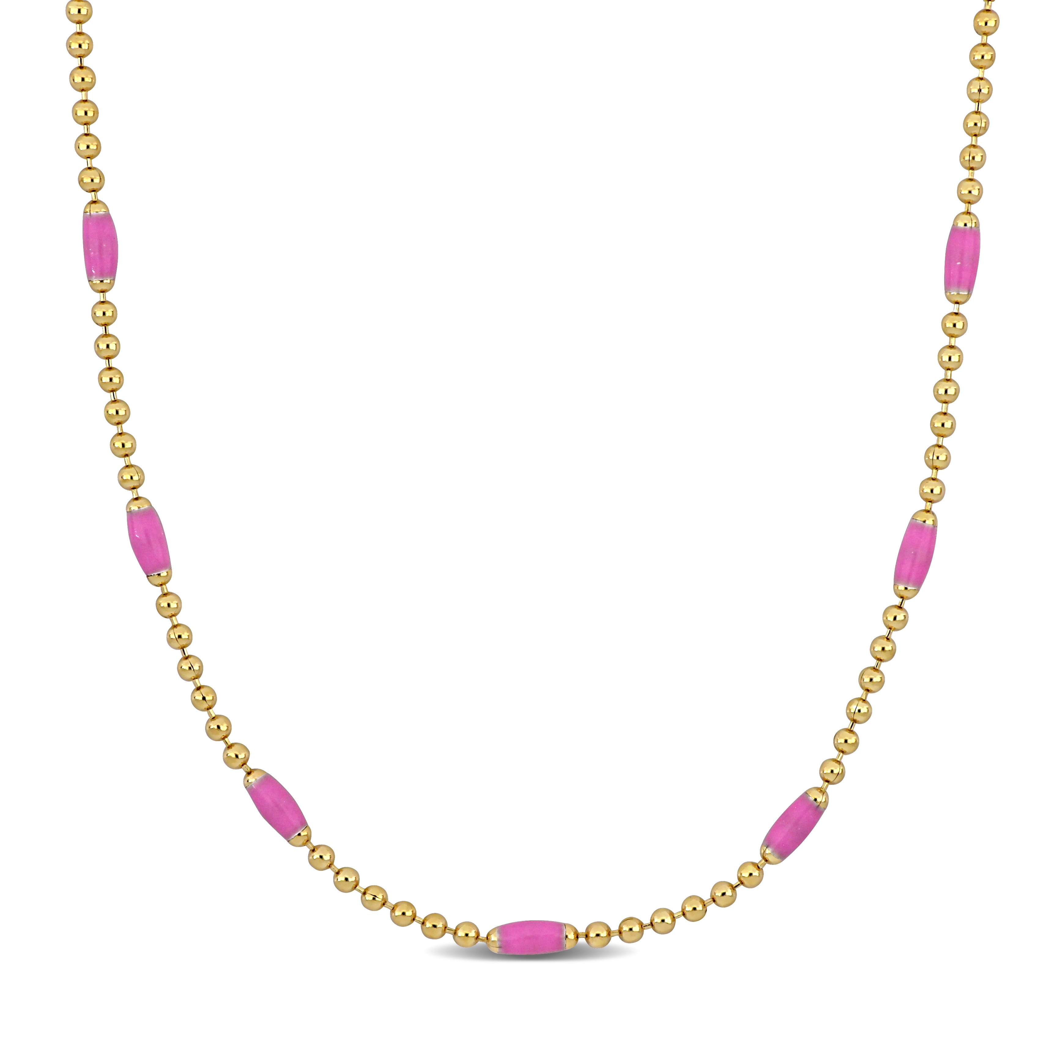 Pink Enamel Ball Link Necklace in Yellow Plated Sterling Silver - 15+2 in.