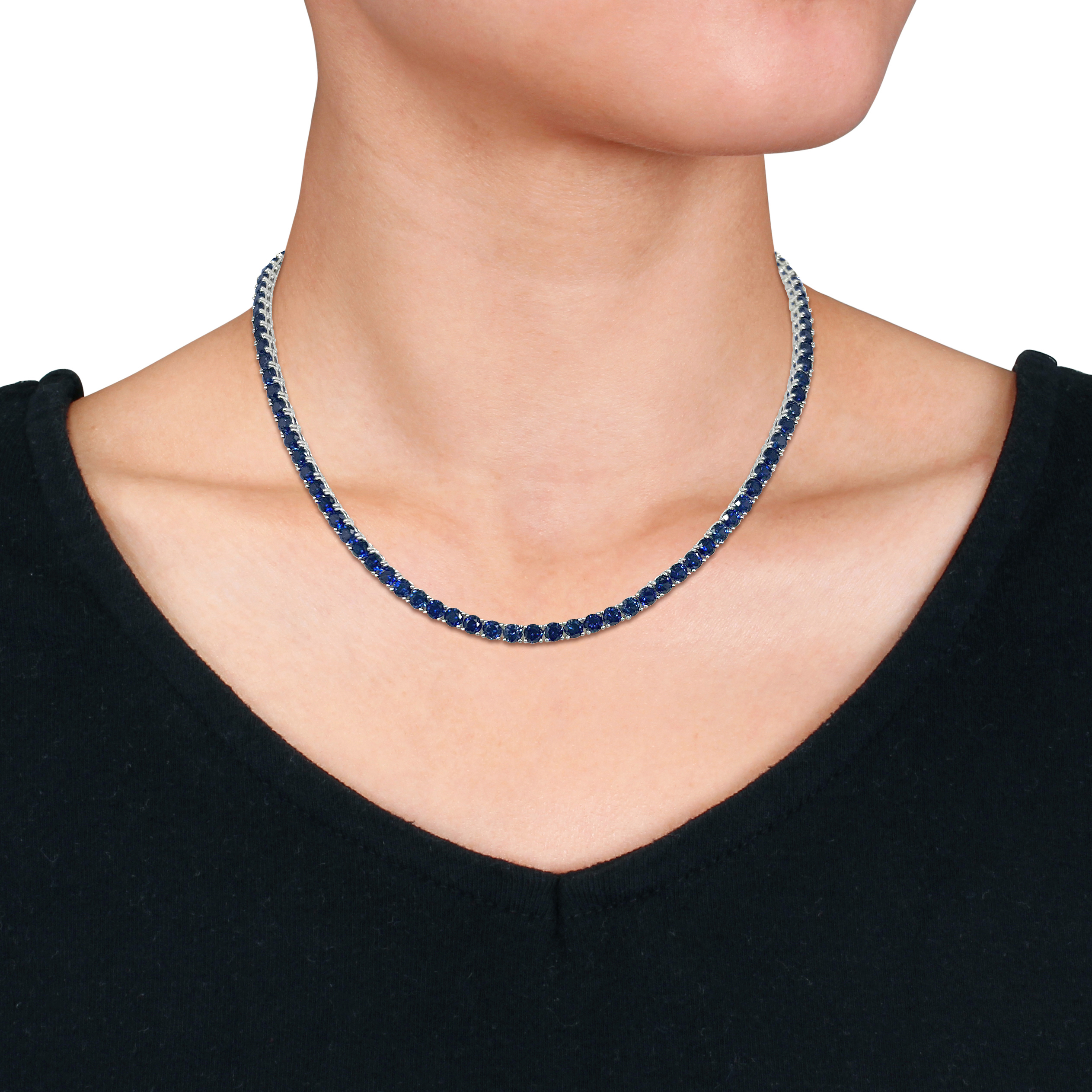 33 CT TGW Created Blue Sapphire Tennis Necklace in Sterling Silver - 17 in.