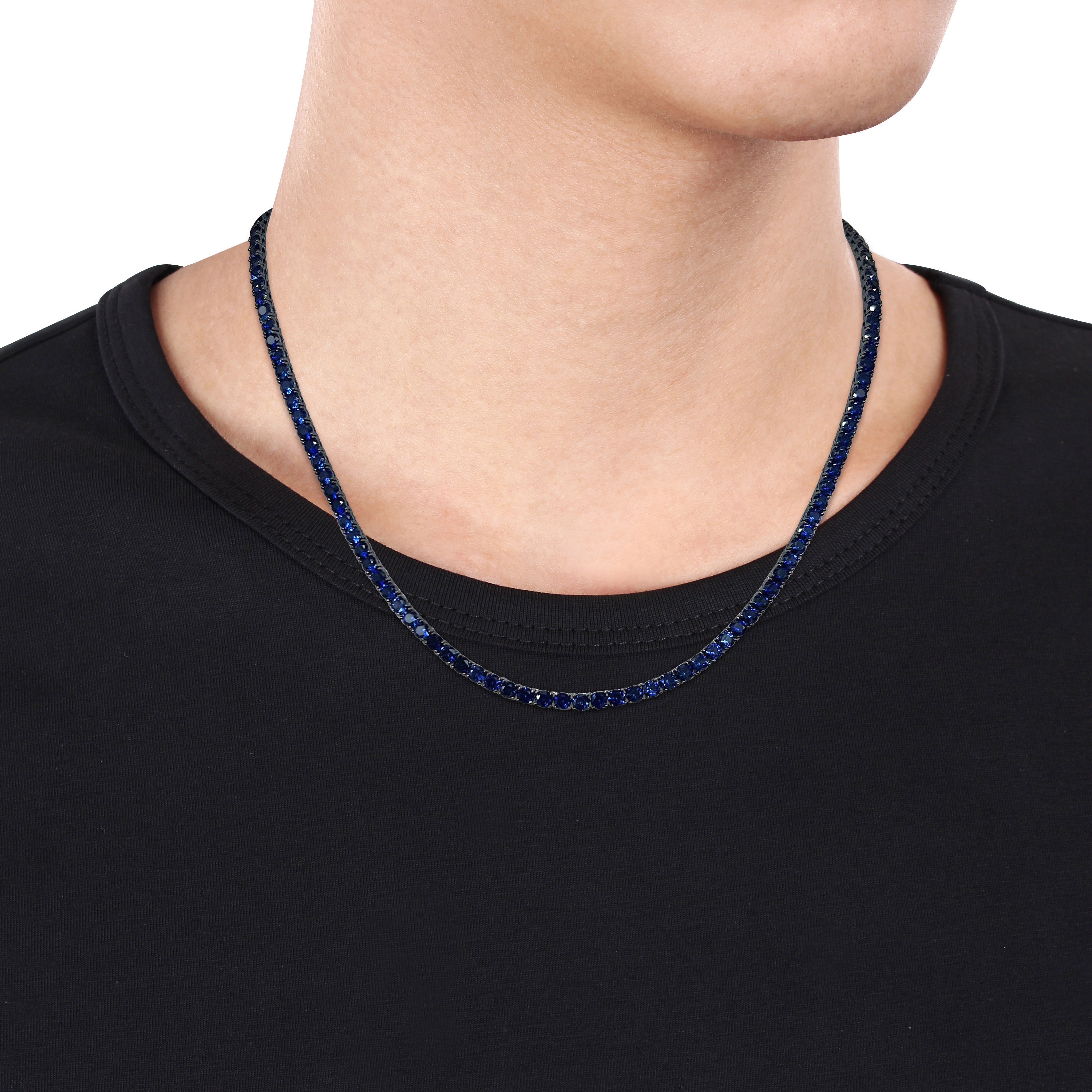 40 1/4 CT TGW Created Blue Sapphire Men's Tennis Necklace in Black Rhodium Plated Sterling Silver - 20 in