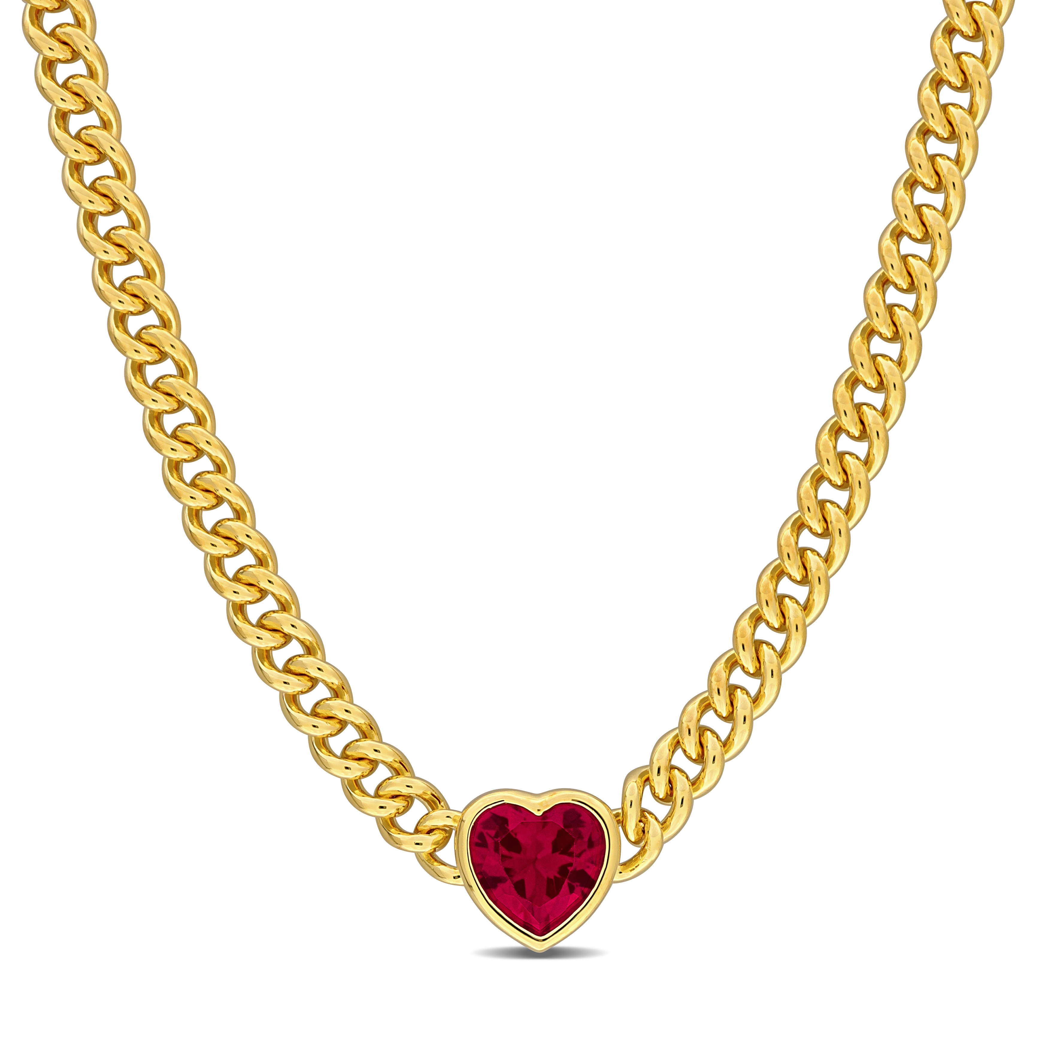 2.85 CT TGW Created Ruby Curb Link Chain 18" Necklace in Yellow Plated Sterling Silver