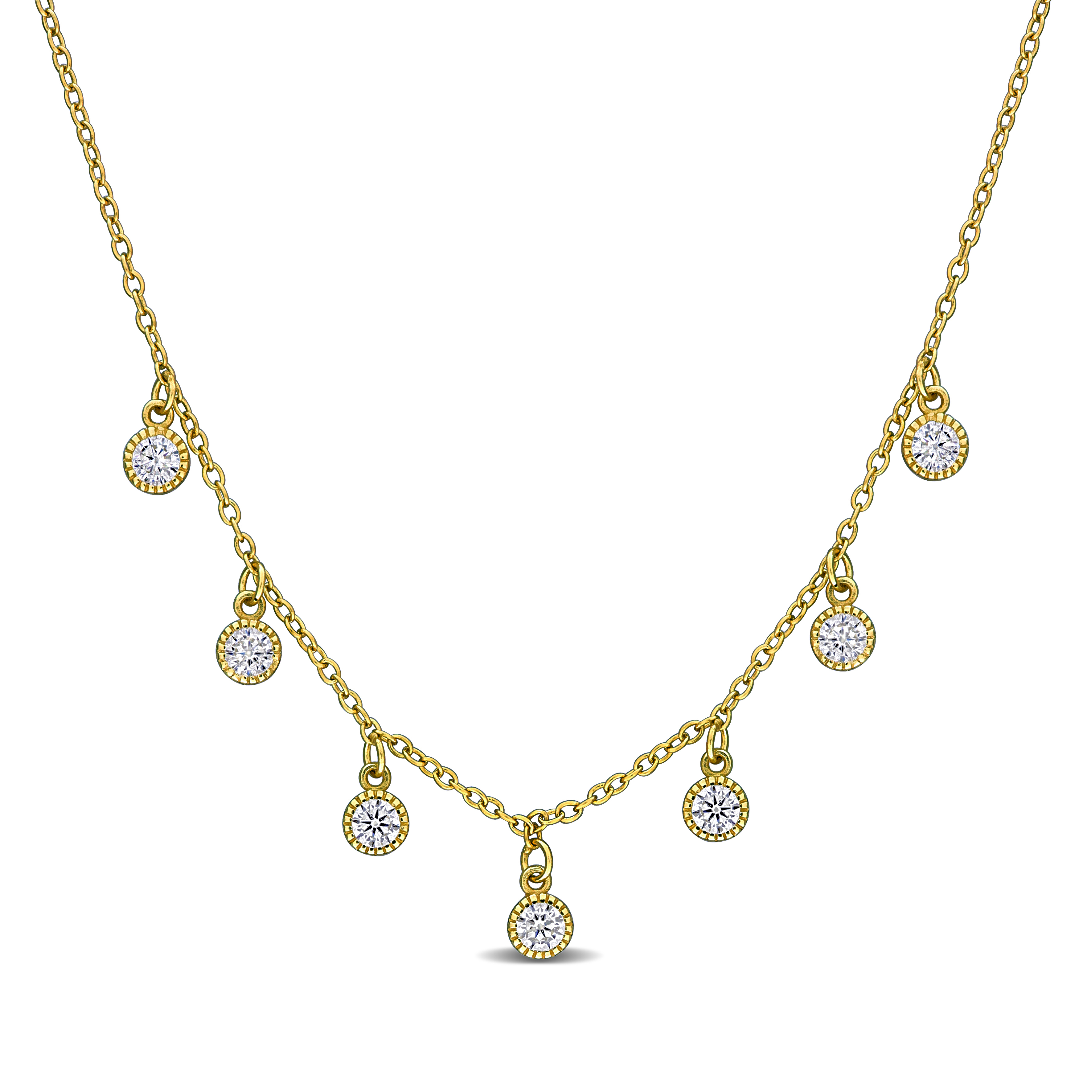 Created White Sapphire Station Necklace in Yellow Plated Sterling Silver