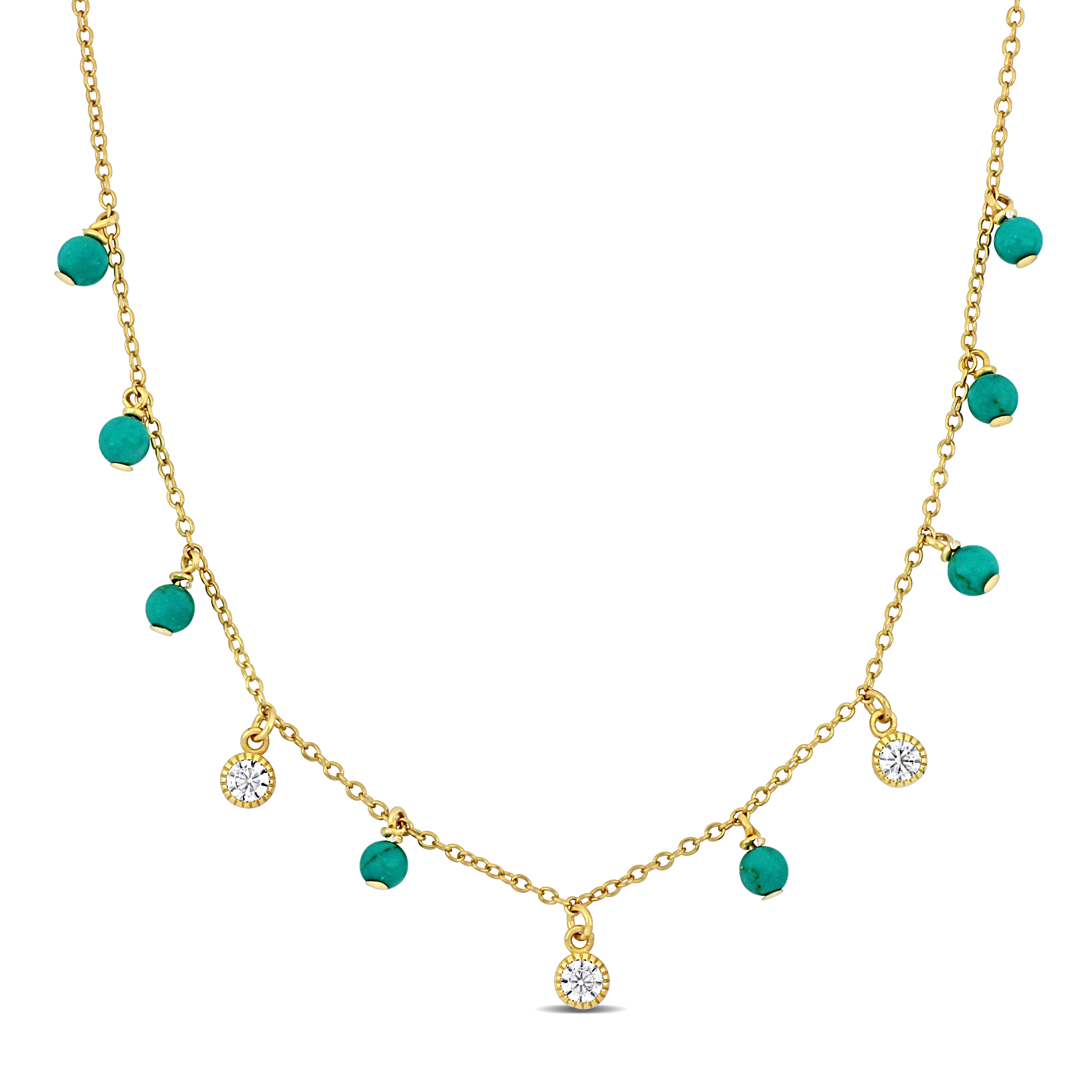 Cretaed White Sapphire and Turquoise Beads Station Necklace in Yellow Plated Sterling Silver