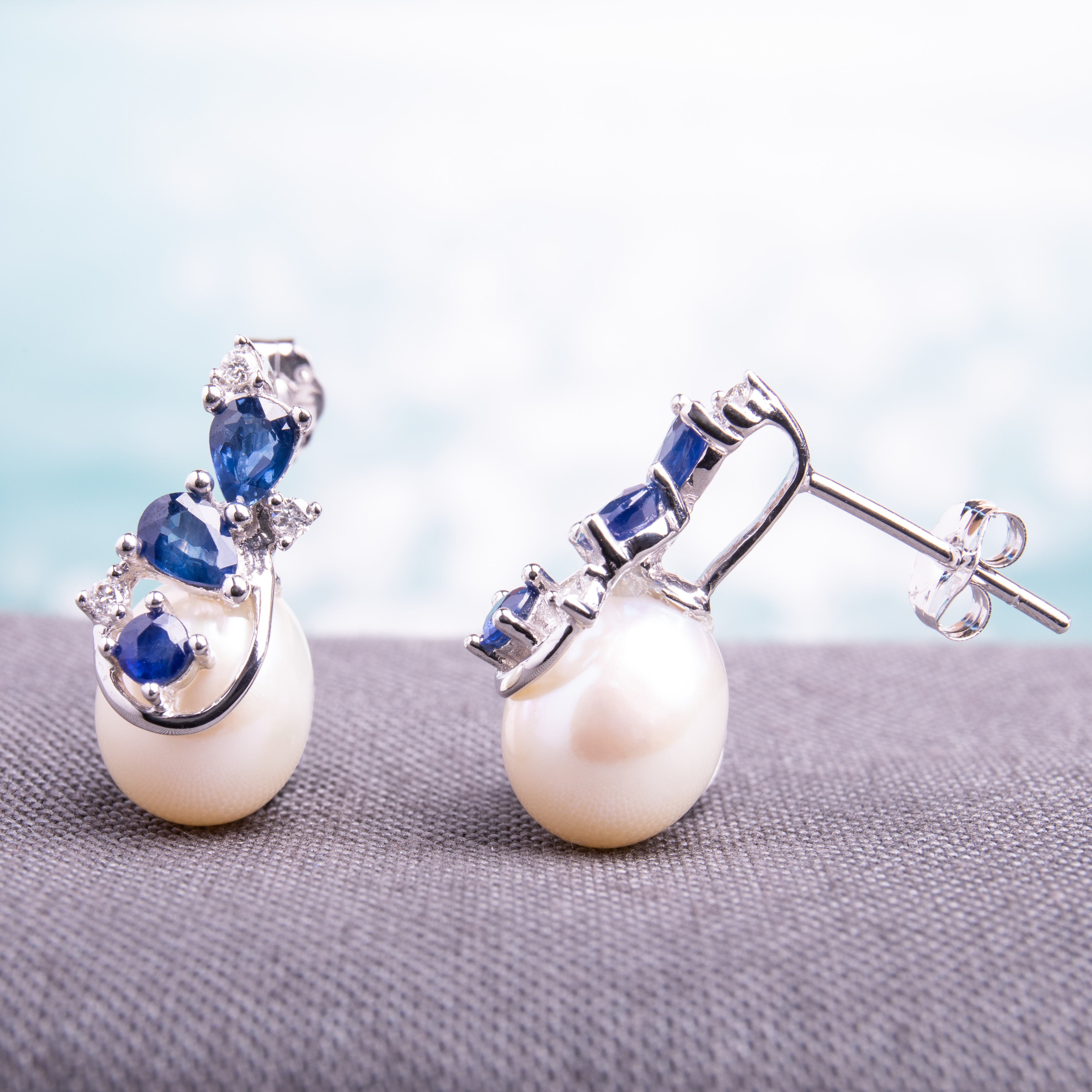 7.5 - 8 MM White Cultured Freshwater Pearl with Diamonds and Sapphire Earrings in 10k White Gold