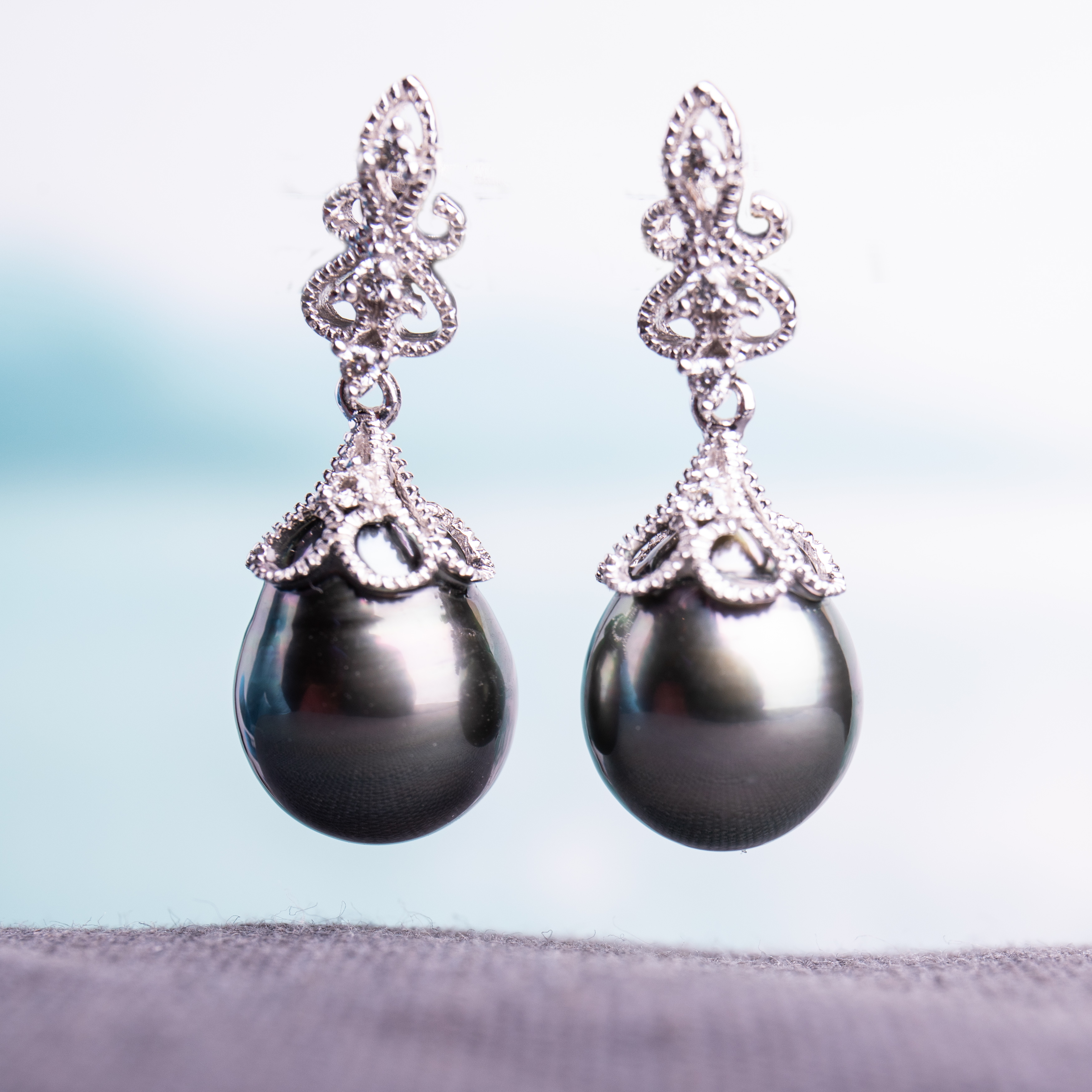 9 - 9.5 MM Black Tahitian Pearl and 1/10 CT TW Diamond Vintage Drop Earrings in 14k White Gold