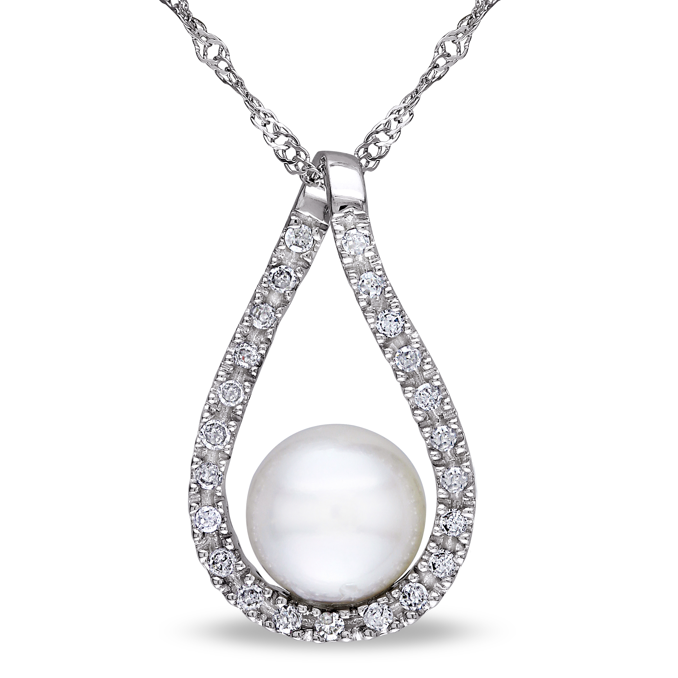 6.5 - 7 MM Cultured Freshwater Pearl and 1/10 CT TW Diamond Raindrop Pendant with Chain in 14k White Gold