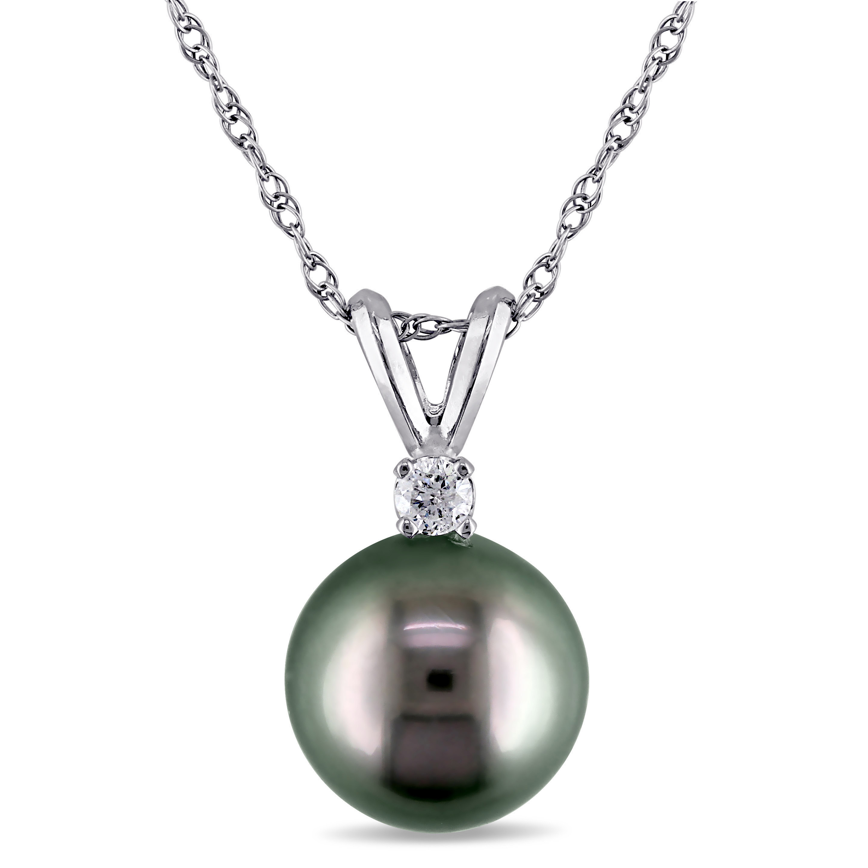 8 MM Tahitian Pearl & Diamond Pendant with Chain in 14k White Gold