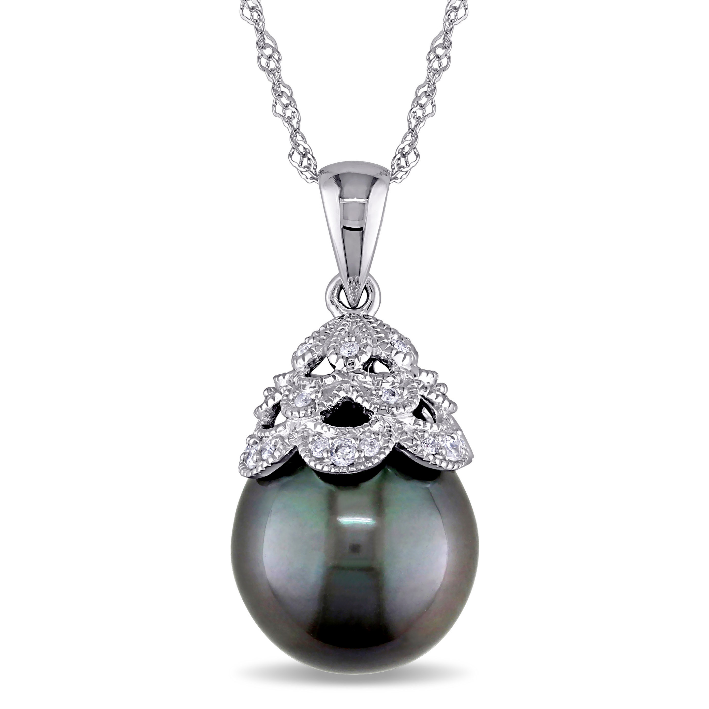 10 - 10.5 MM Black Tahitian Cultured Pearl and Diamond Accent Filigree Pendant with Chain in 10k White Gold