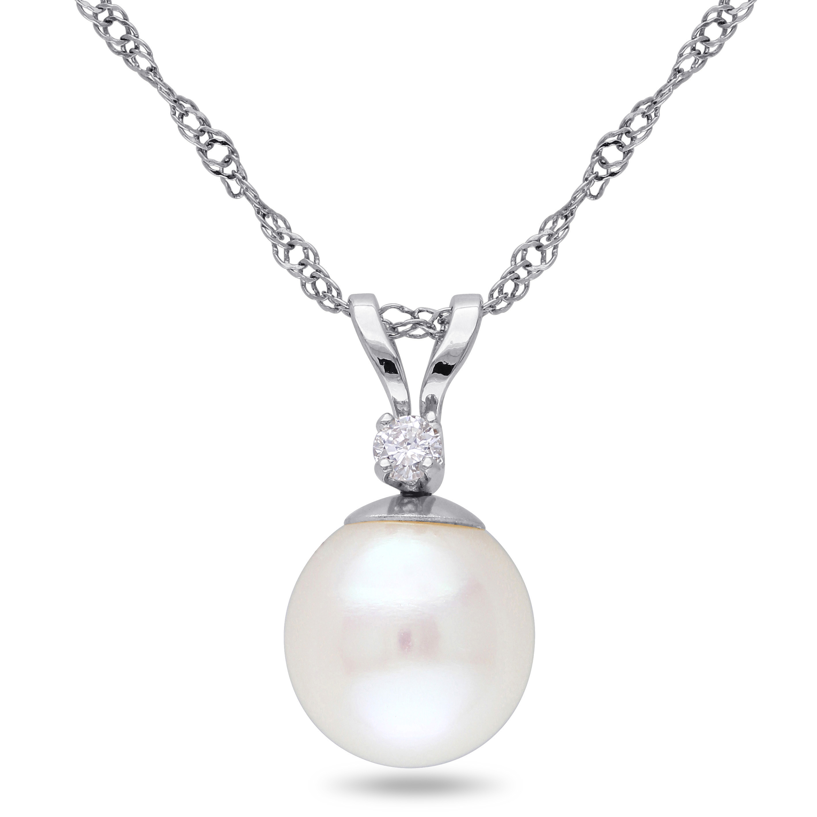 7-7.5 MM Cultured Freshwater Pearl and Diamond Accent Pendant with Chain in 14k White Gold - 17 in