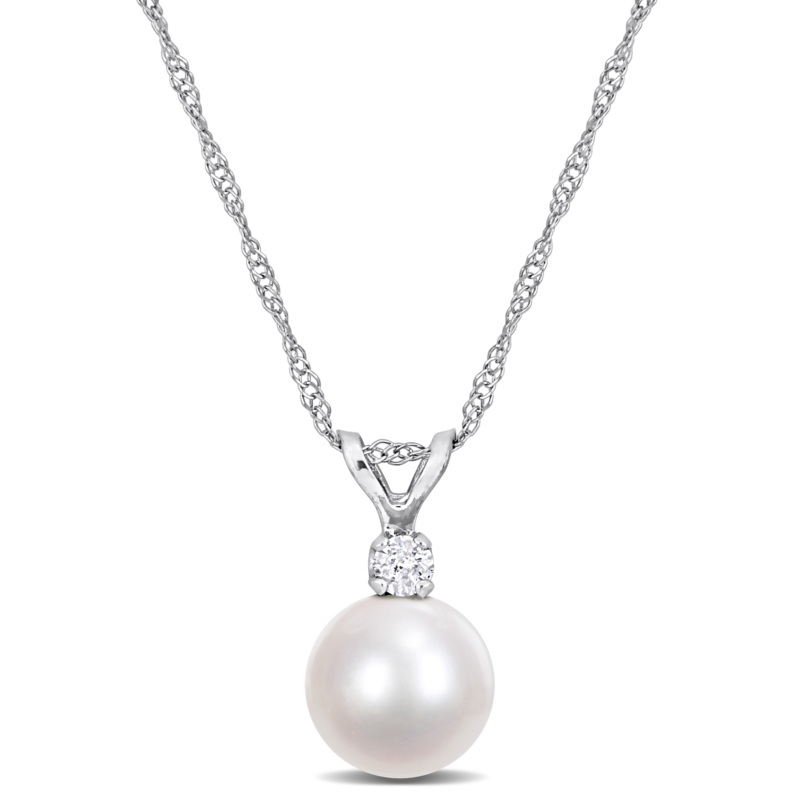 7 - 7.5 MM White Cultured Freshwater Pearl and Diamond Pendant With Chain in 14k Gold White