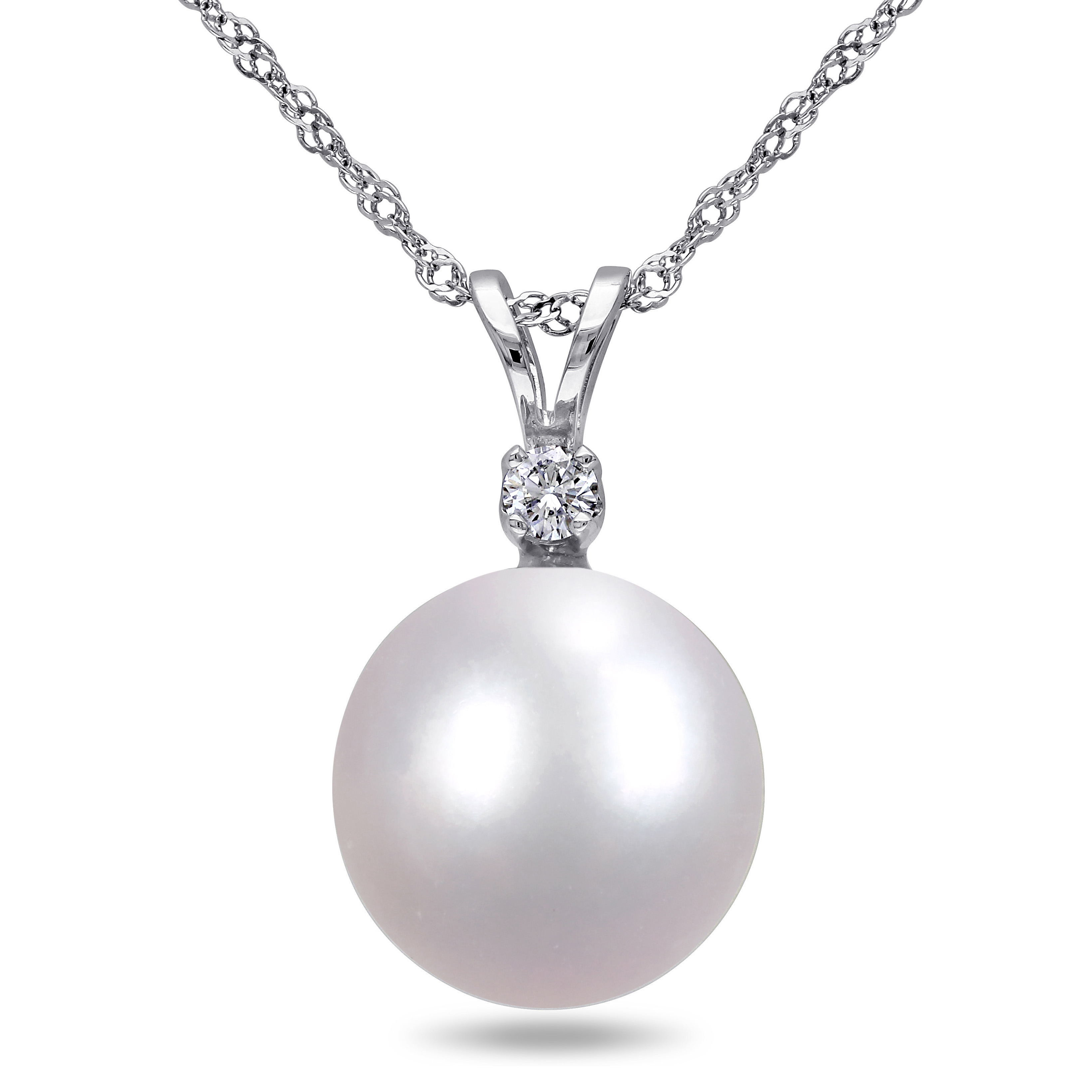 Diamond and 9 MM South Sea Pearl Pendant with Chain in 14k White Gold
