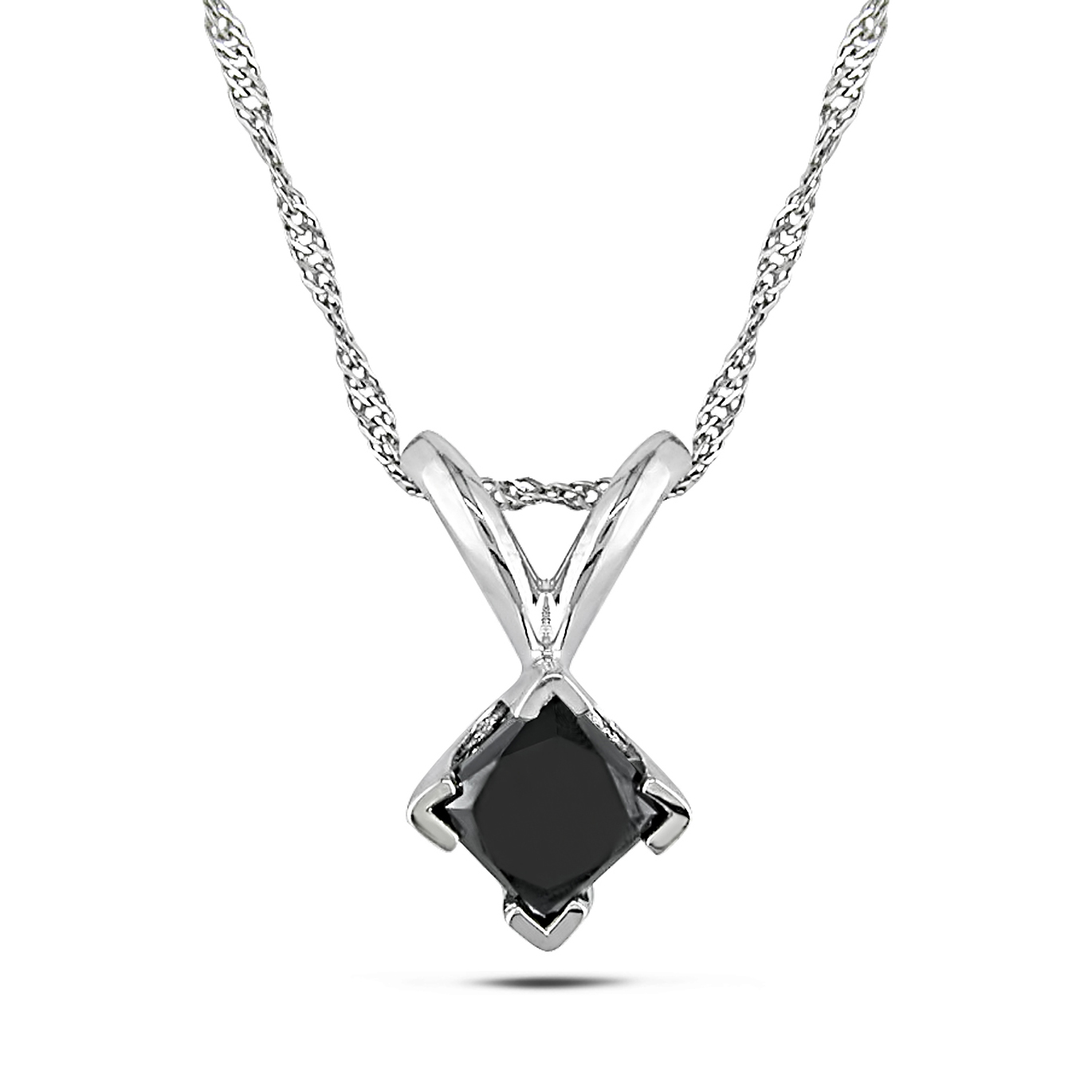 1/2 CT TW Black Princess Cut Diamond Solitaire Pendant with Chain in 14k White Gold