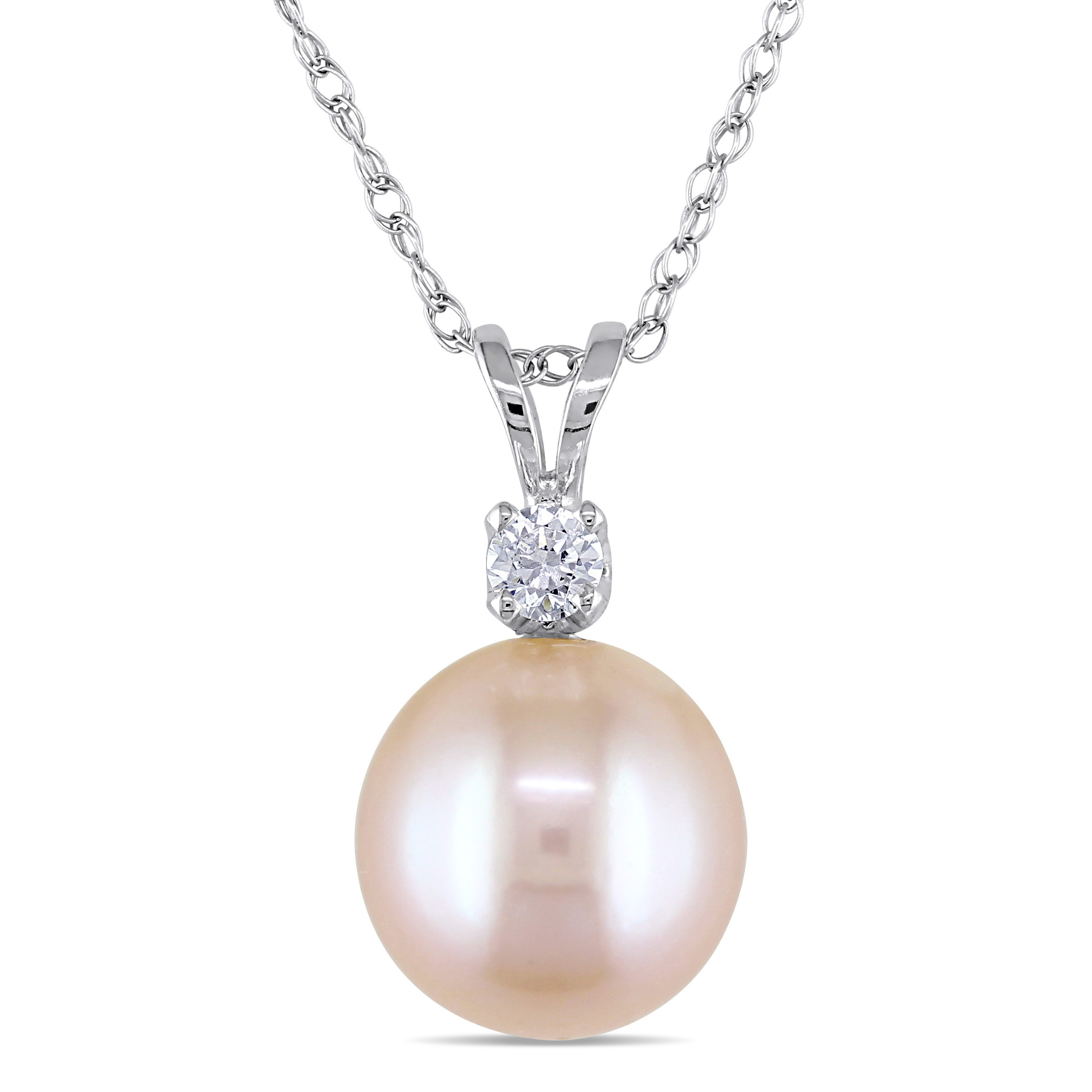 9 - 9.5 MM Pink Freshwater Cultured Pearl and Created White Sapphire Pendant with Singapore Chain in 14k White Gold
