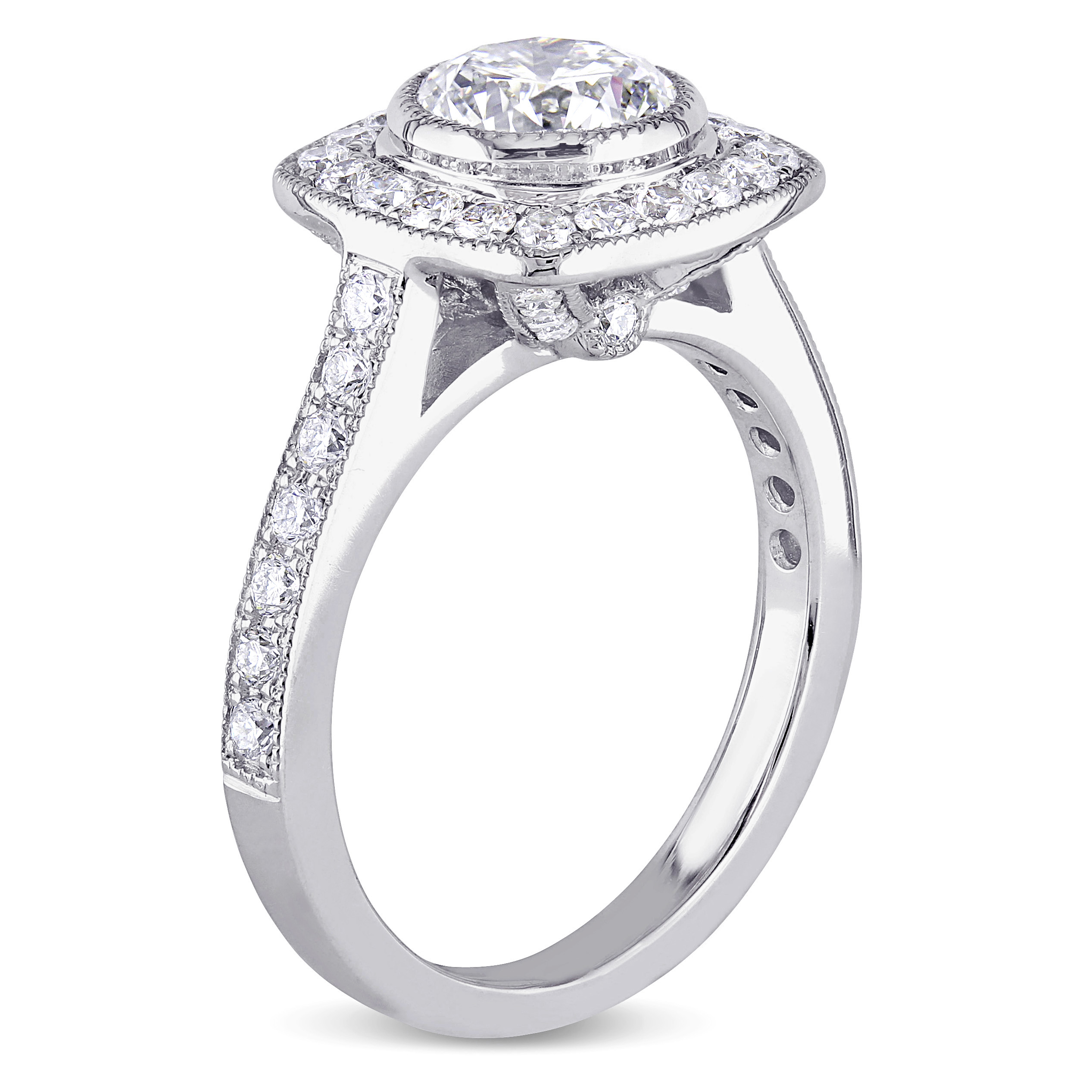 1 1/2 CT TW Diamond Bezel Set Halo Engagement Ring in 18k White Gold