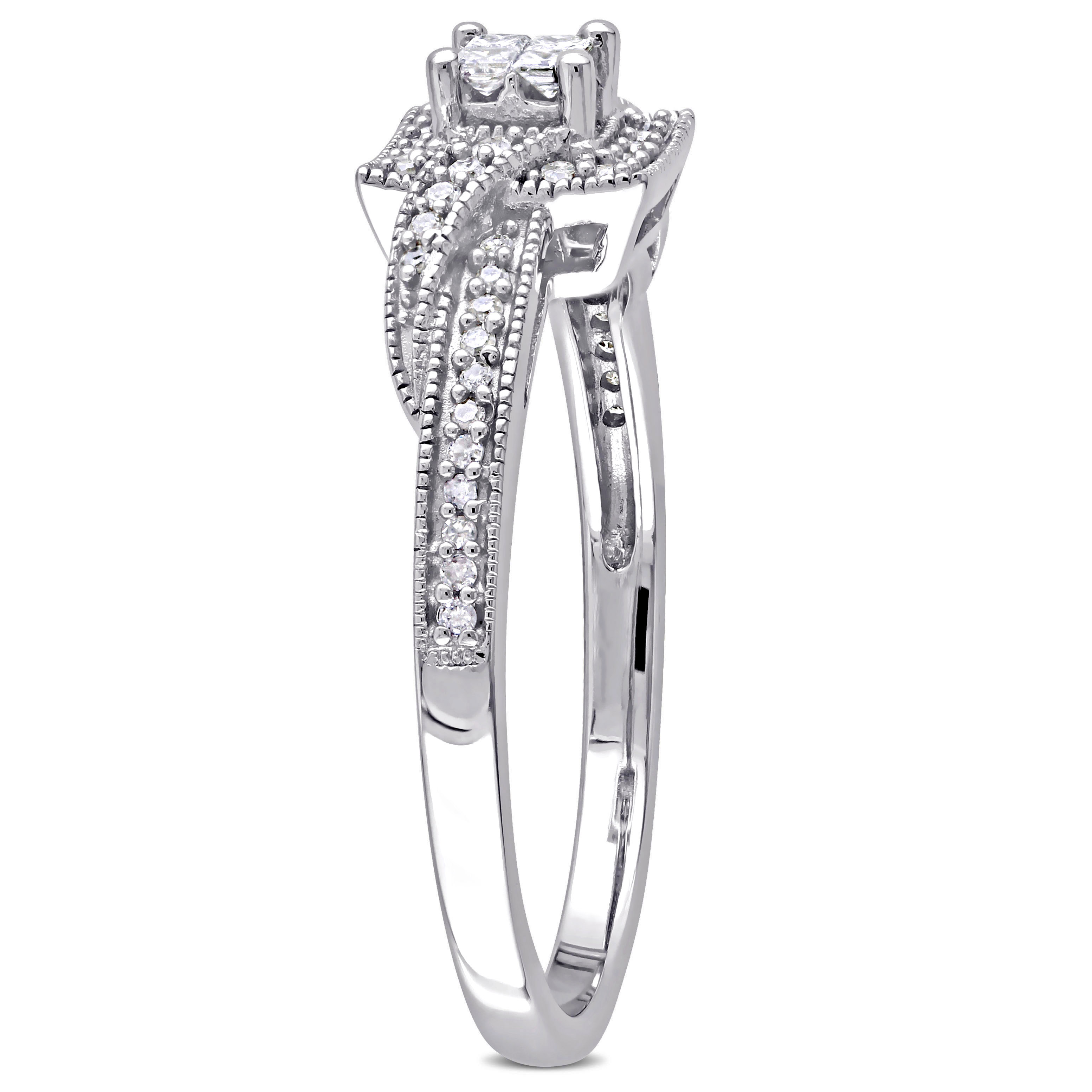 1/4 CT TW Princess Cut Quad and Round Diamond Halo Crossover Engagement Ring in 10k White Gold