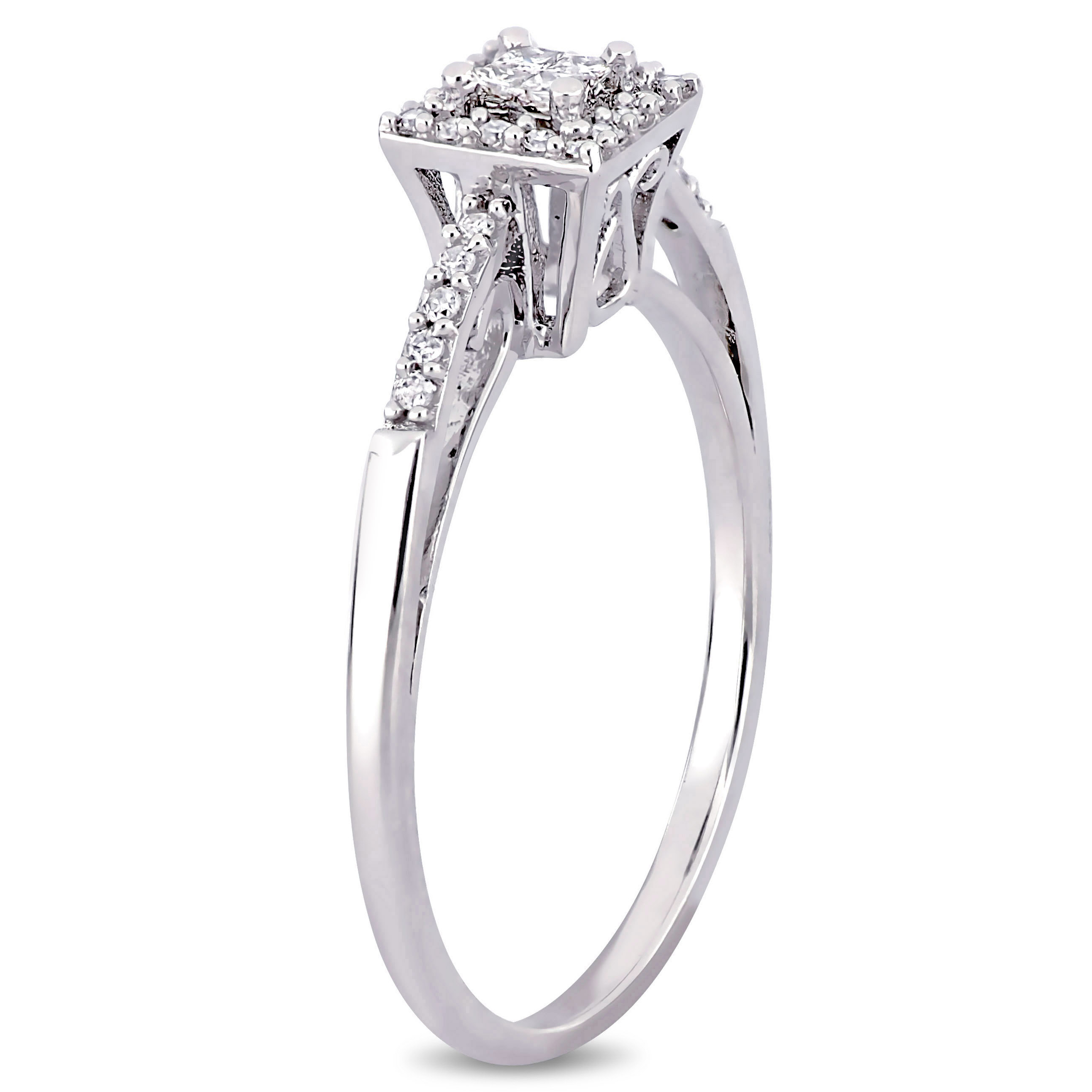 1/5 CT TW Princess Cut Quad and Round Diamond Halo Engagement Ring in 10k White Gold
