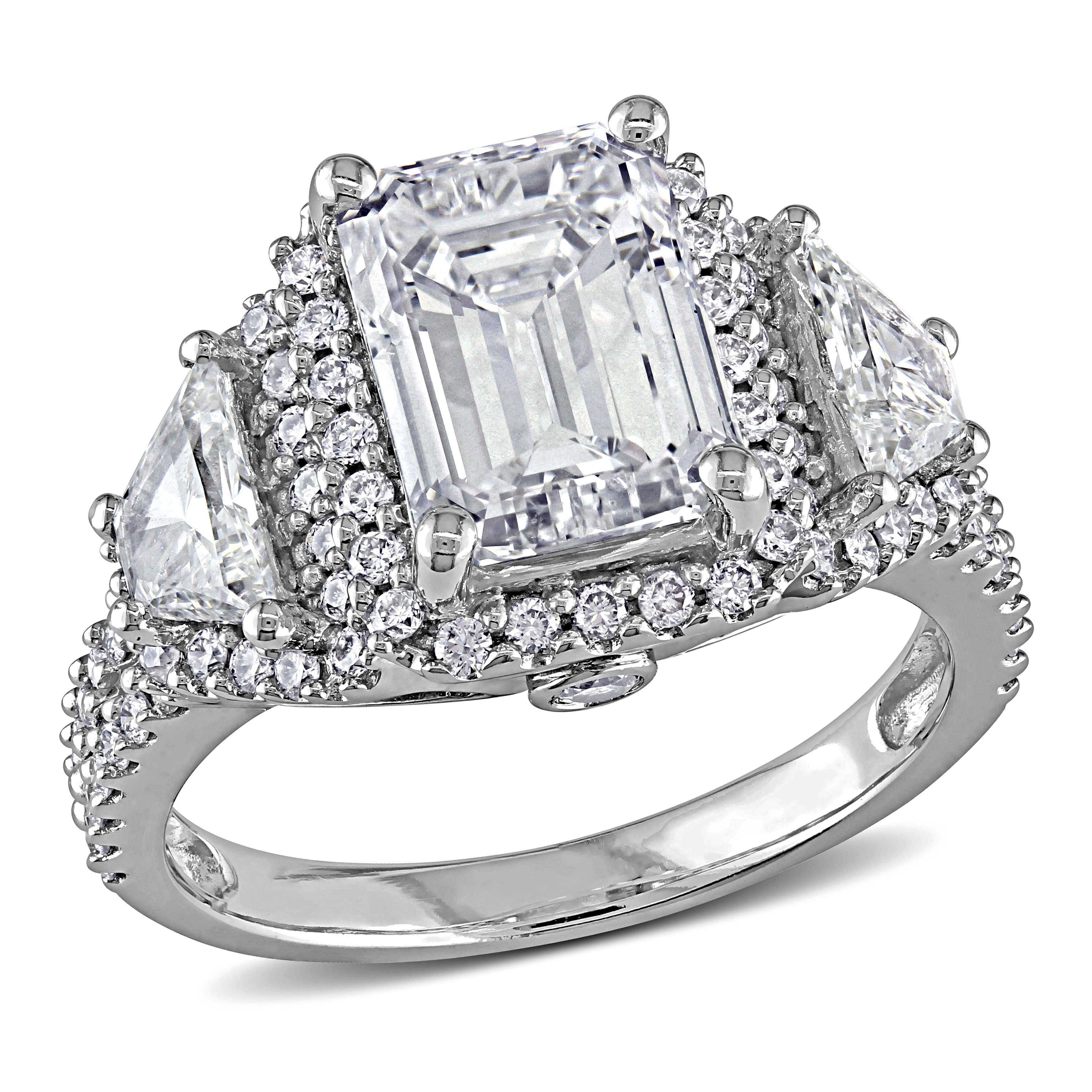 3 3/4 CT TW Emerald Cut, Trapezoid and Round Diamond Halo Engagement Ring in 14k White Gold