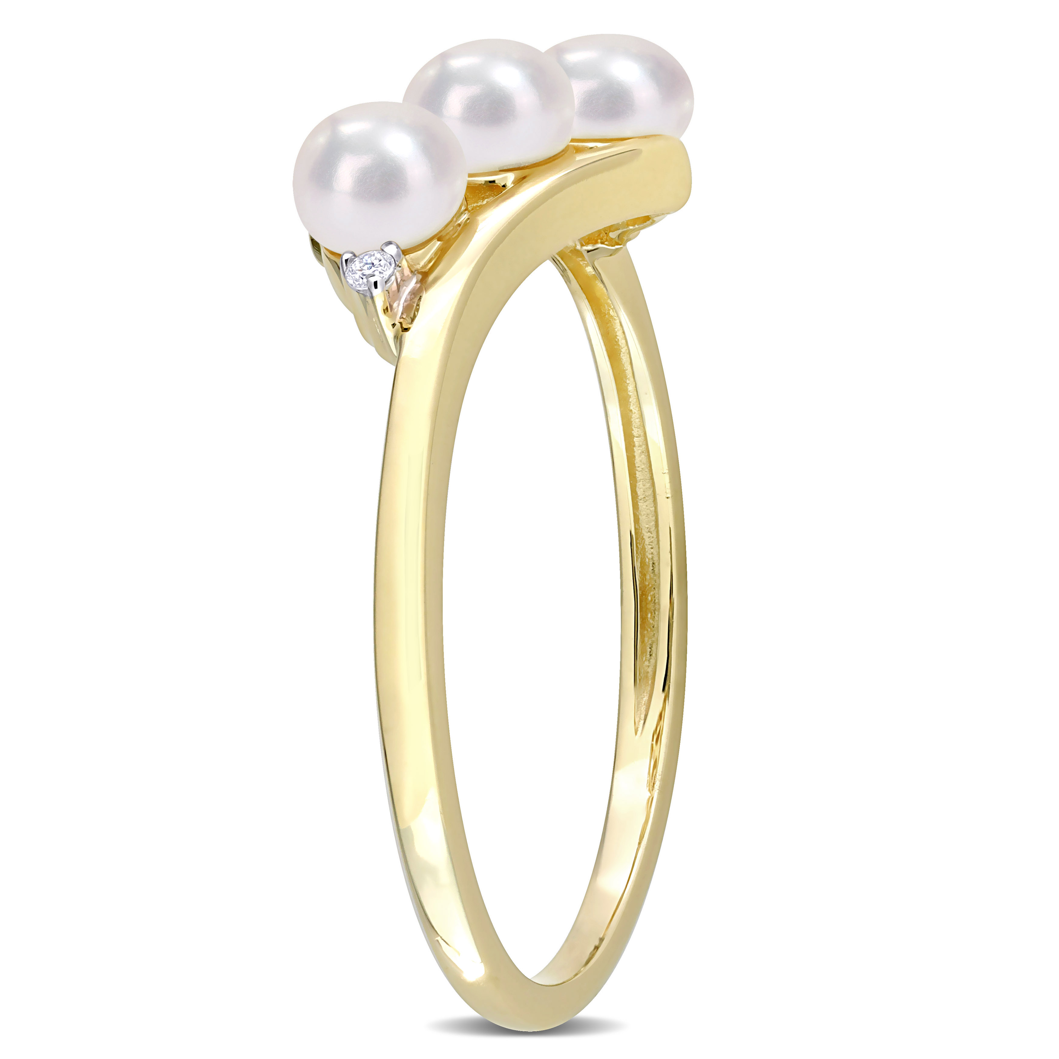 3.5-4mm White Cultured Freshwater Pearl and Diamond Accent Crossover Ring in 10k Yellow Gold