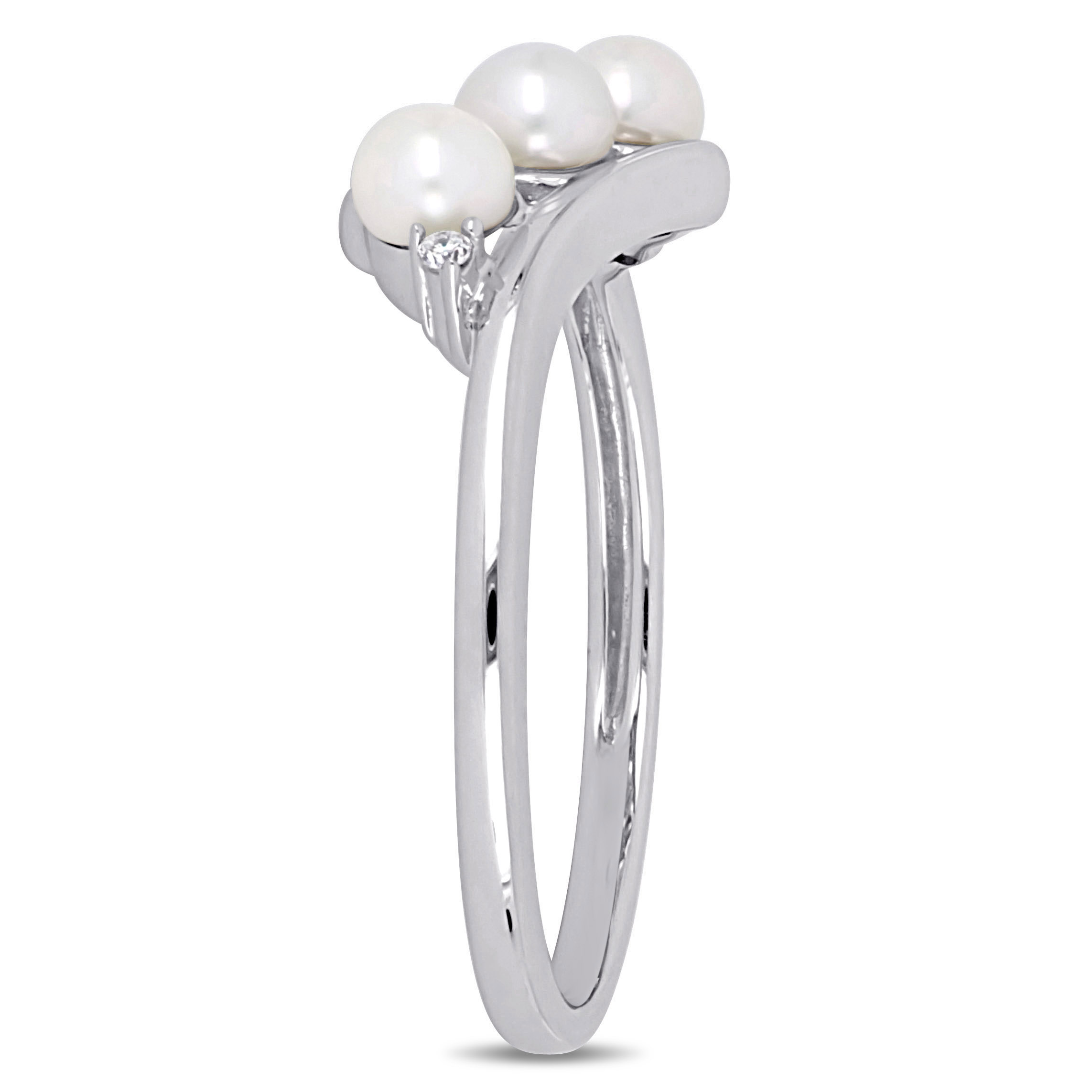 3.5-4mm Cultured Freshwater Pearl and Diamond Accent Crossover Ring in 10k White Gold