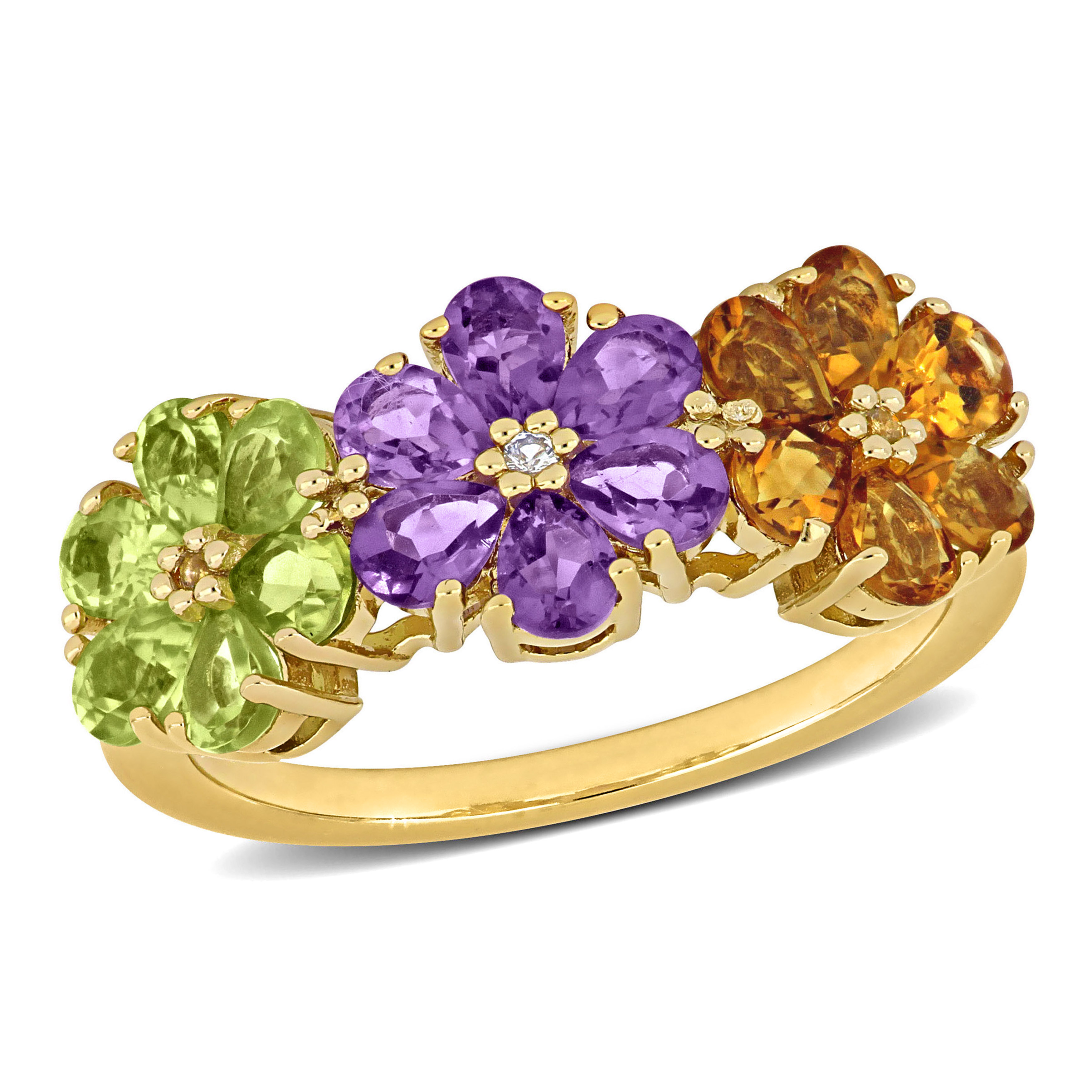 2 3/4 CT TGW Amethyst Citrine Peridot White Topaz Floral Ring in Yellow Plated Sterling Silver