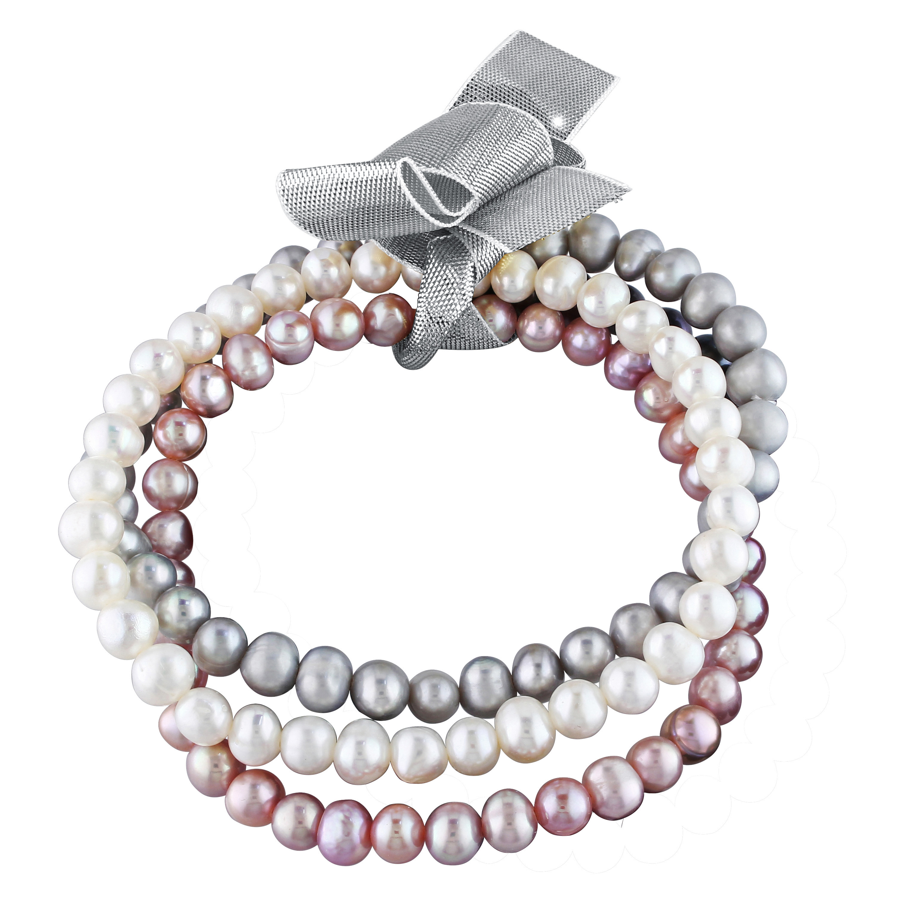 5-5.5 MM White, Pink and Grey Freshwater Cultured Pearl Bracelet Set of 3 with Ribbon