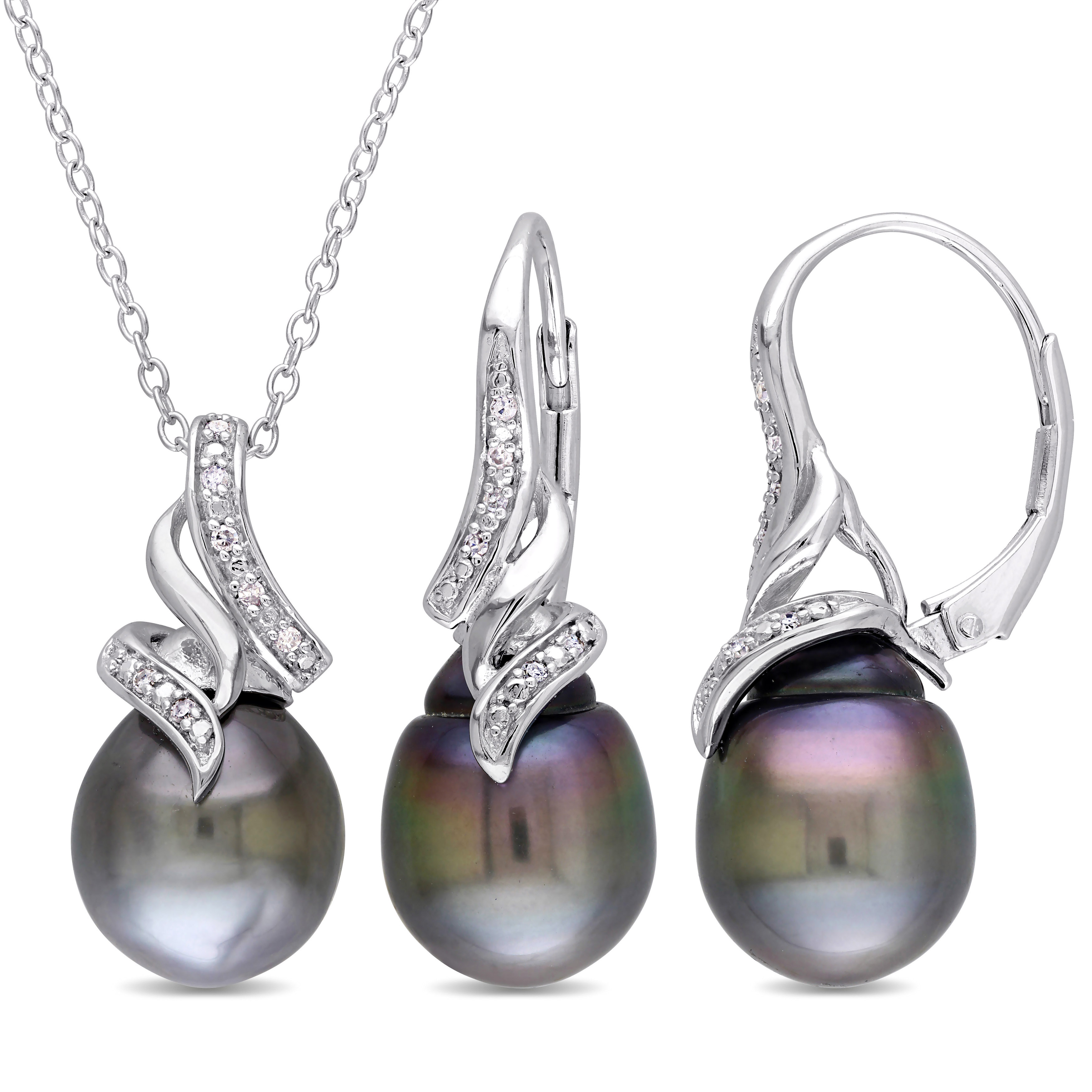 1/10 CT Diamond TW 9 - 9.5 MM Tahitian Cultured Pearl Earrings and Pendant With Chain Set in Sterling Silver