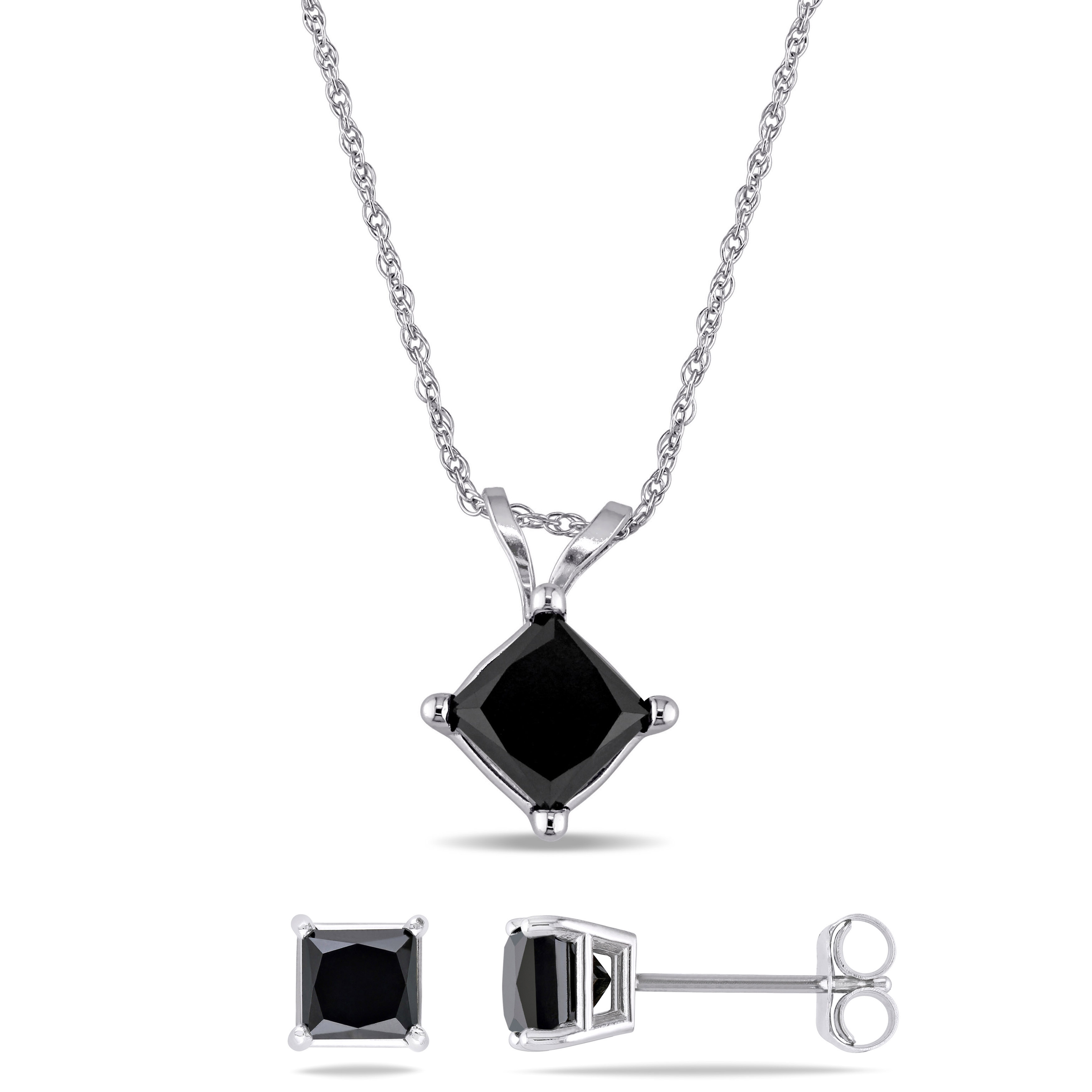 2 Pc Set of 2 CT TDW Black Princess Cut Diamond Solitaire Earrings & Pendant With Chain in 10K White Gold
