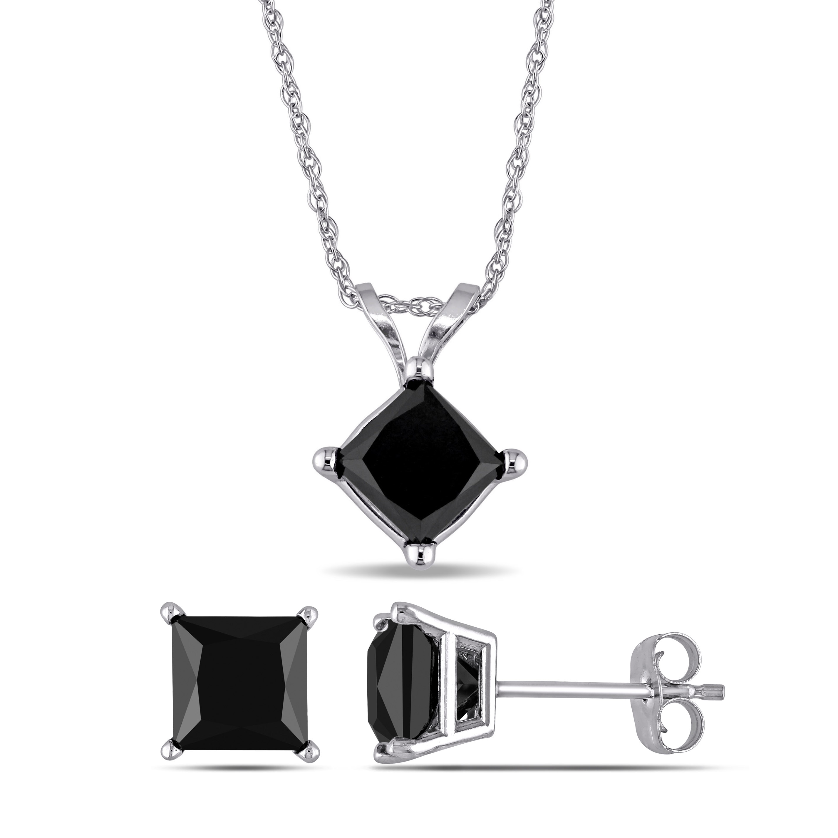 3 CT TDW Princess-Cut Black Diamond Solitaire Earrings and Pendant with Chain Set in 10k White Gold