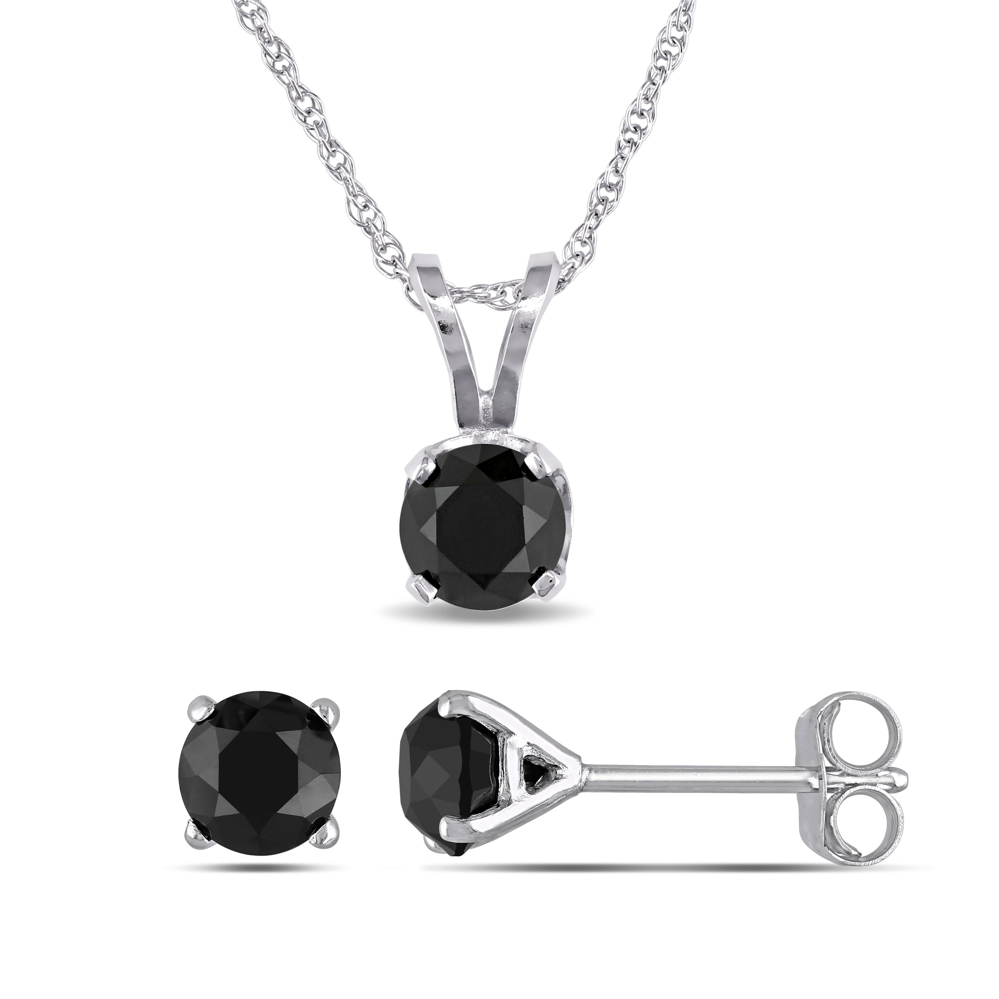 1 1/2 CT Black Diamond TW Fashion Post Earrings And Pendant With Chain in 10K White Gold