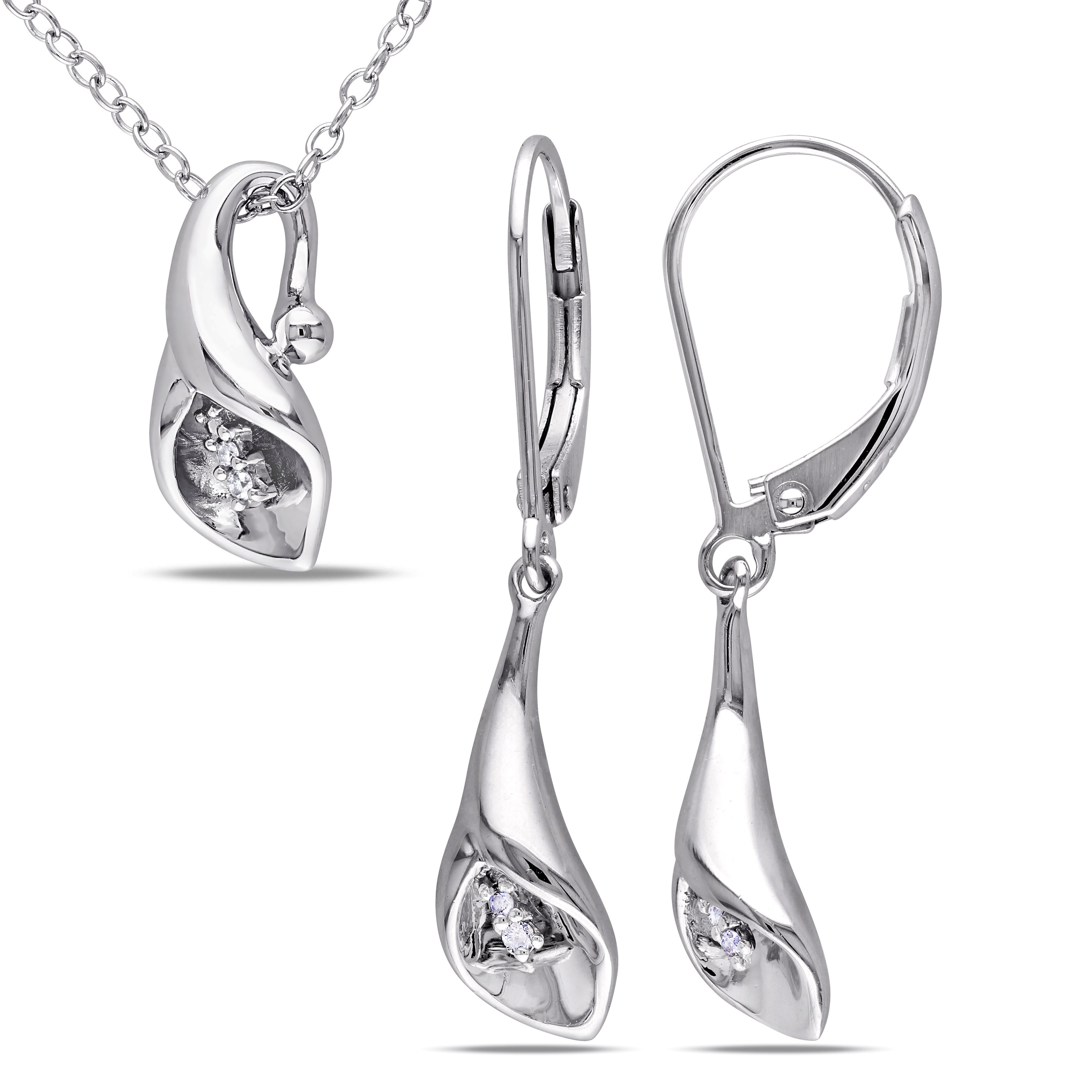 Diamond Accent Calla Lily Pendant with Chain and Leverback Earrings in Sterling Silver - 18 in