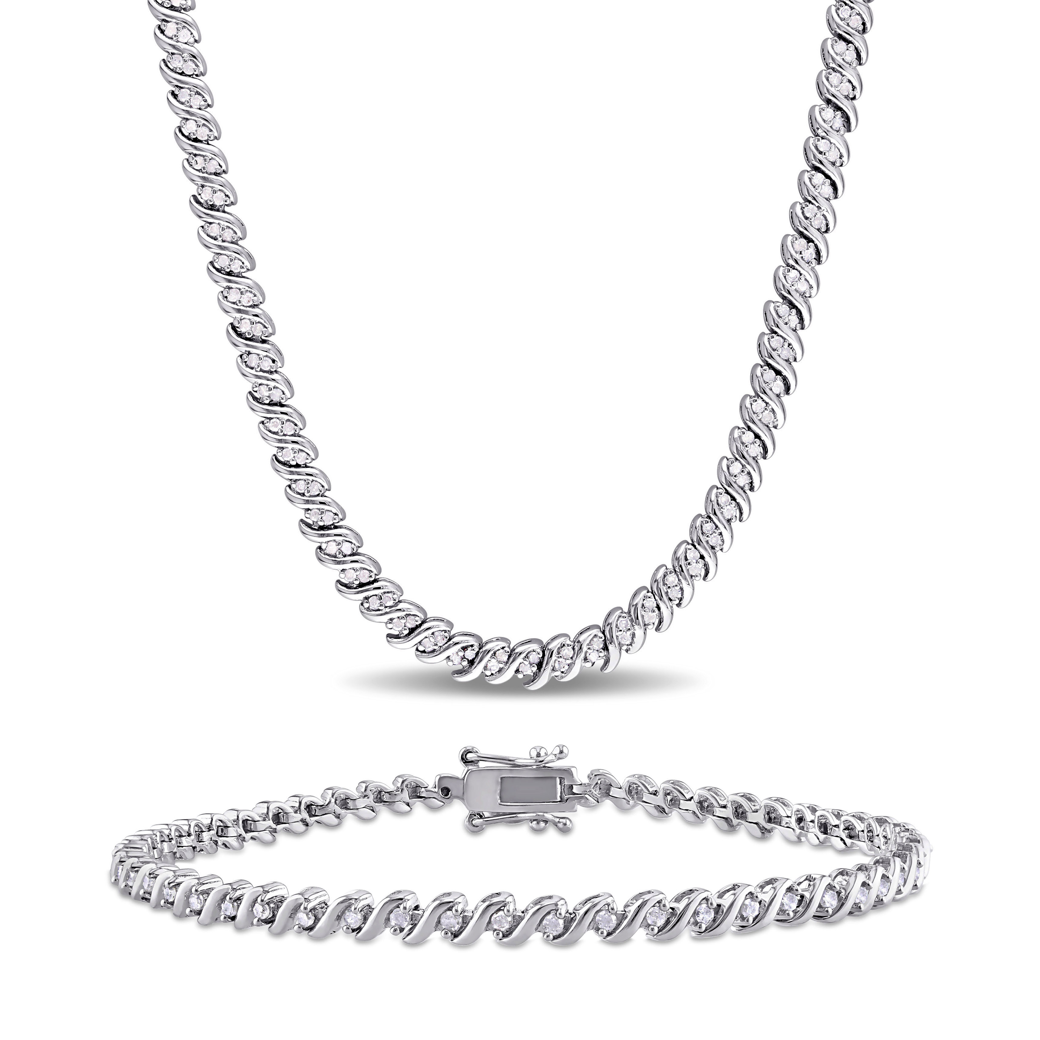 1 1/2 CT TW Diamond S-Link Tennis Necklace and Bracelet Set In Sterling Silver - 17 in + 7.5 in