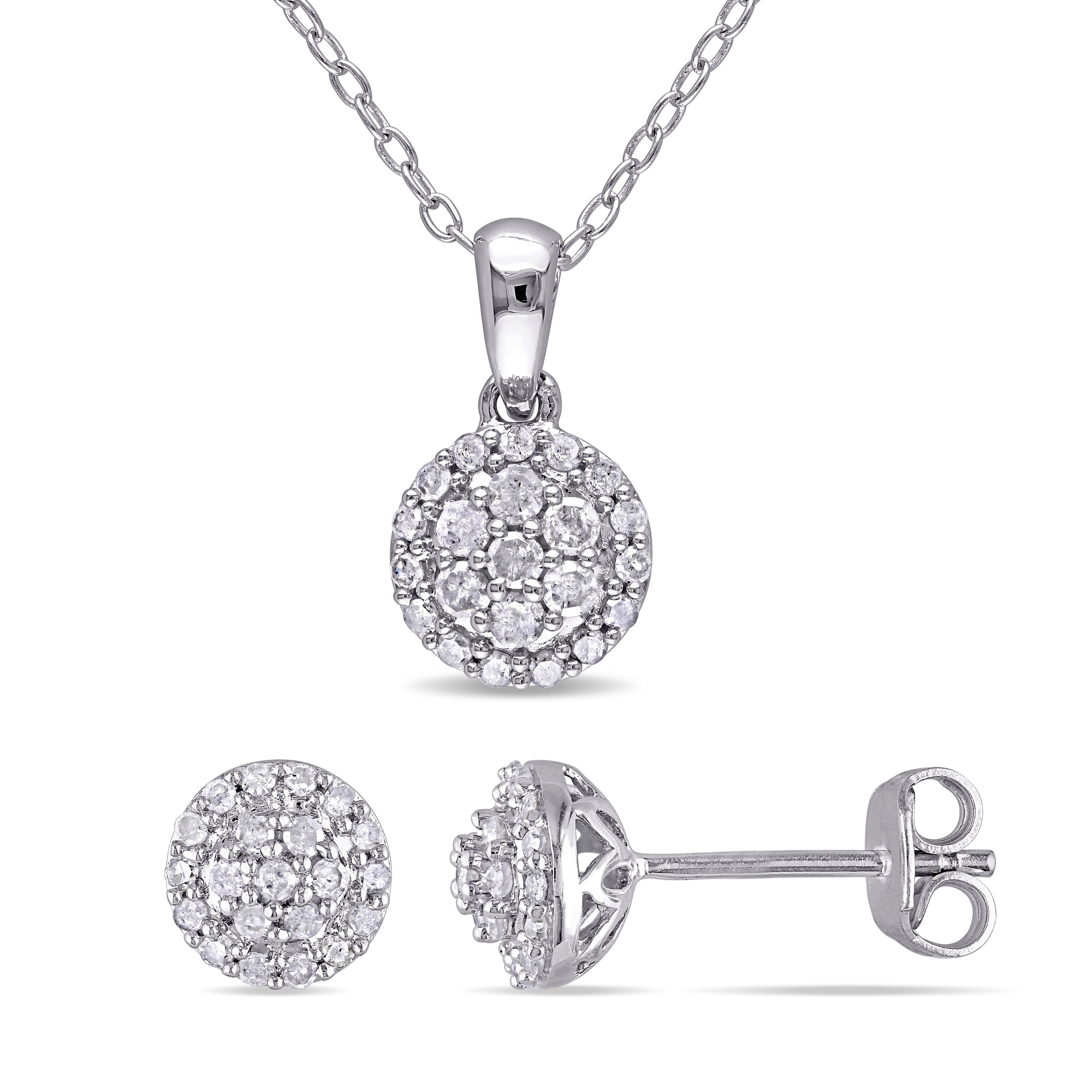 1/2 CT TW Diamond Cluster Halo Earrings and Pendant With Chain Set In Sterling Silver - 18 in