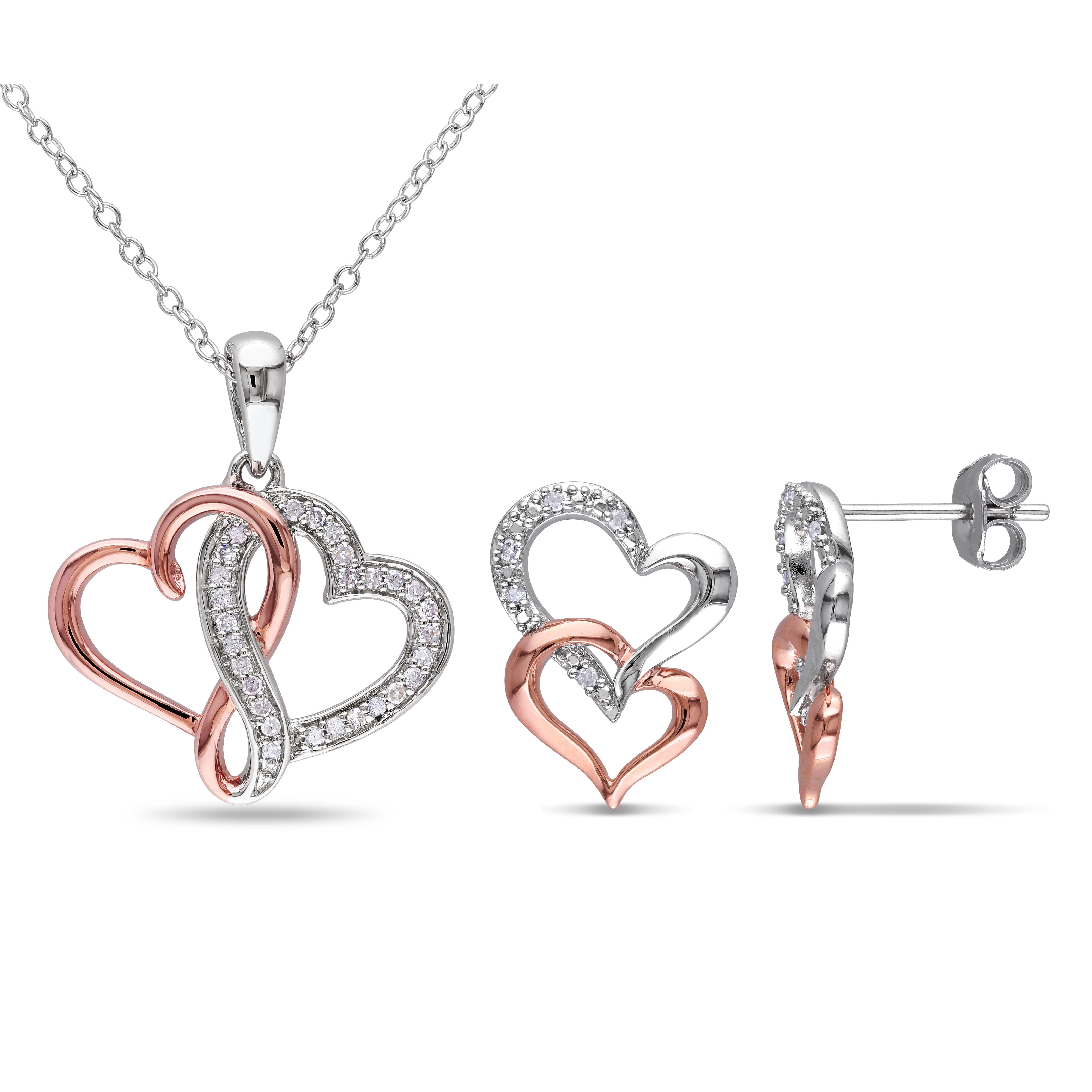 1/5 CT TW Diamond Double Heart Stud Earrings and Pendant with Chain Set in Two-Tone Sterling Silver - 18 in