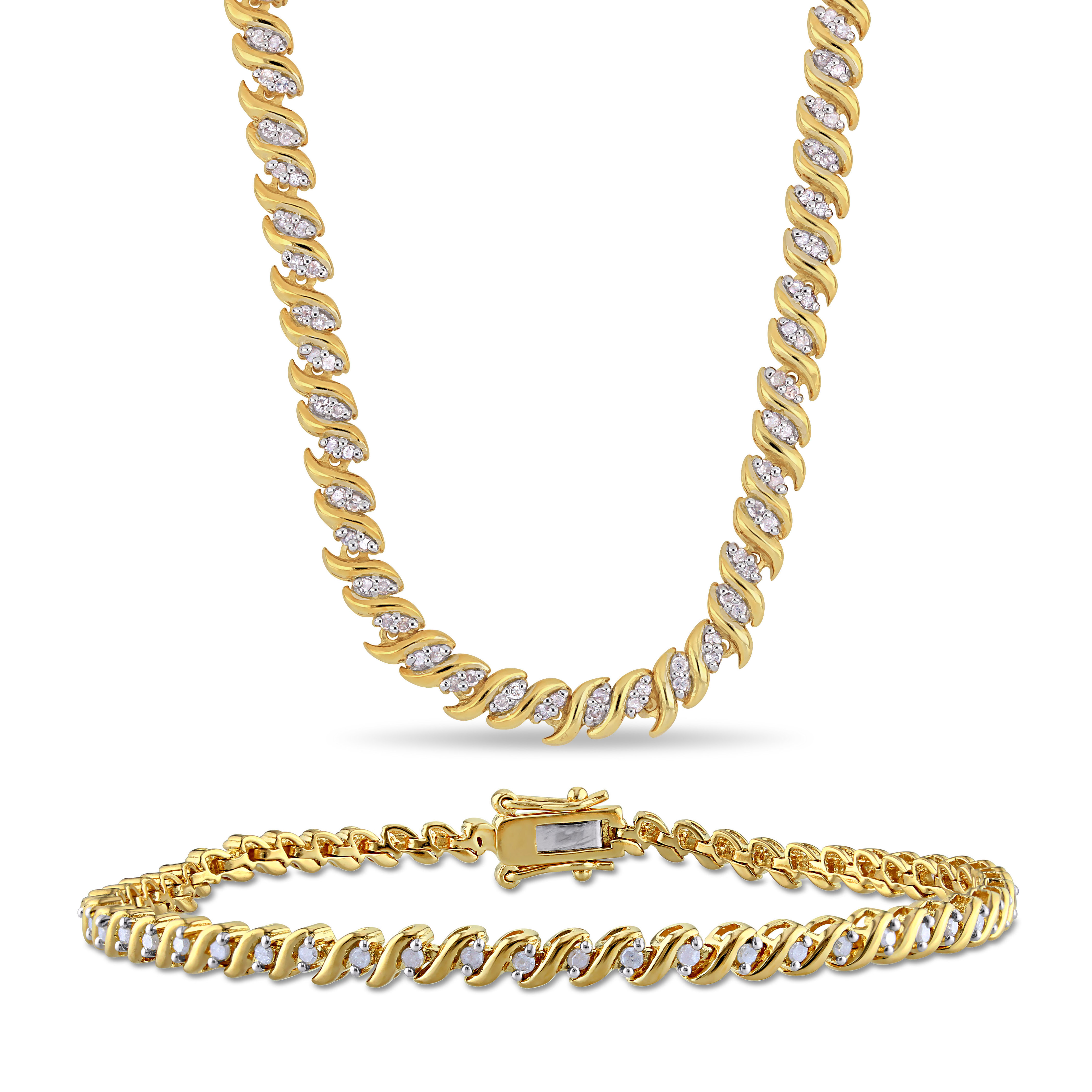 1 1/2 CT TW Diamond S-Link Tennis Necklace and Bracelet Set In Yellow Plated Sterling Silver - 17 in + 7.5 in