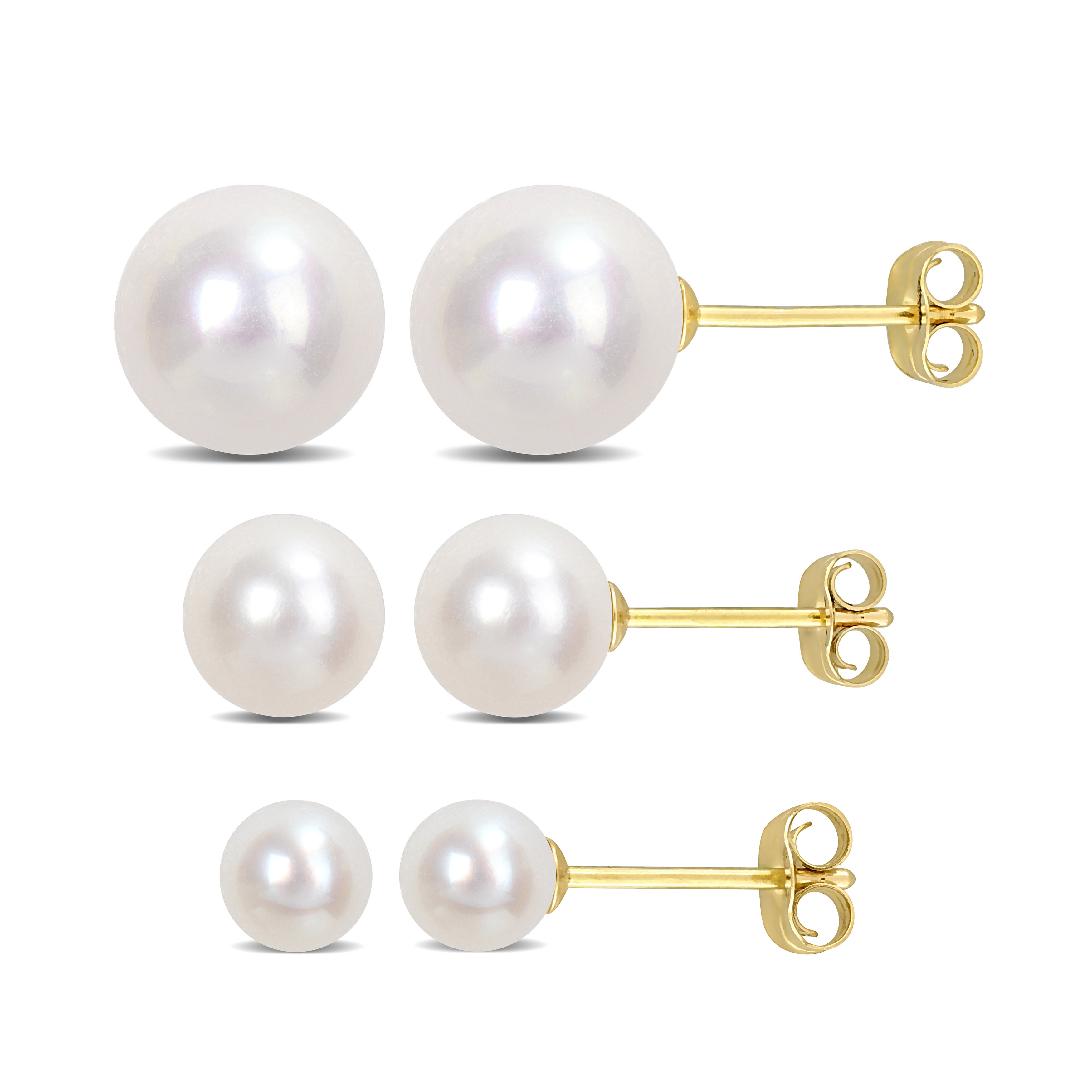 4-8.5 MM Cultured Freshwater Pearl 3-Pair Stud Earrings Set in 14k Yellow Gold