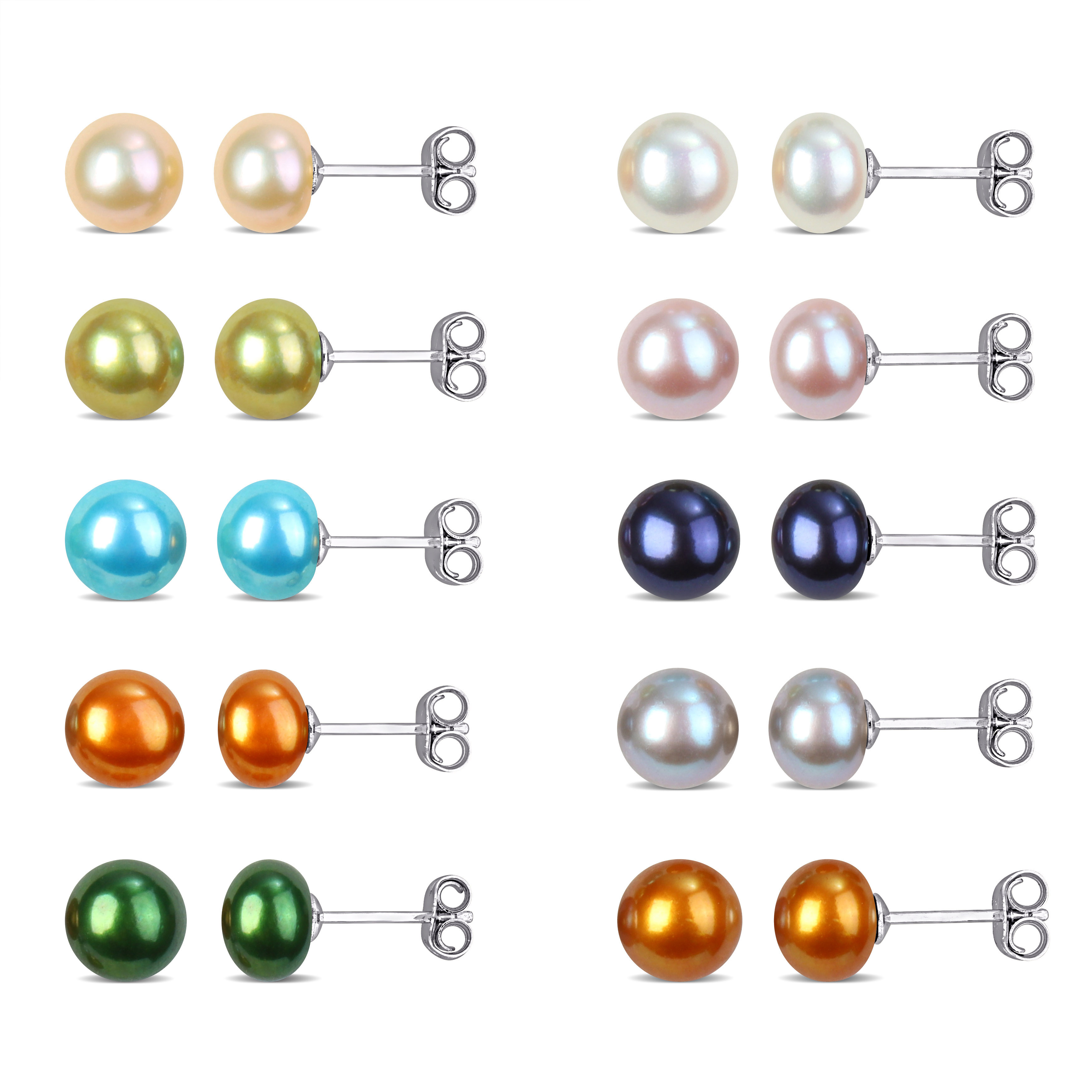 7-7.5 MM Multi-Color Cultured Freshwater Pearl Stud Earrings 10-Pair Set in Sterling Silver