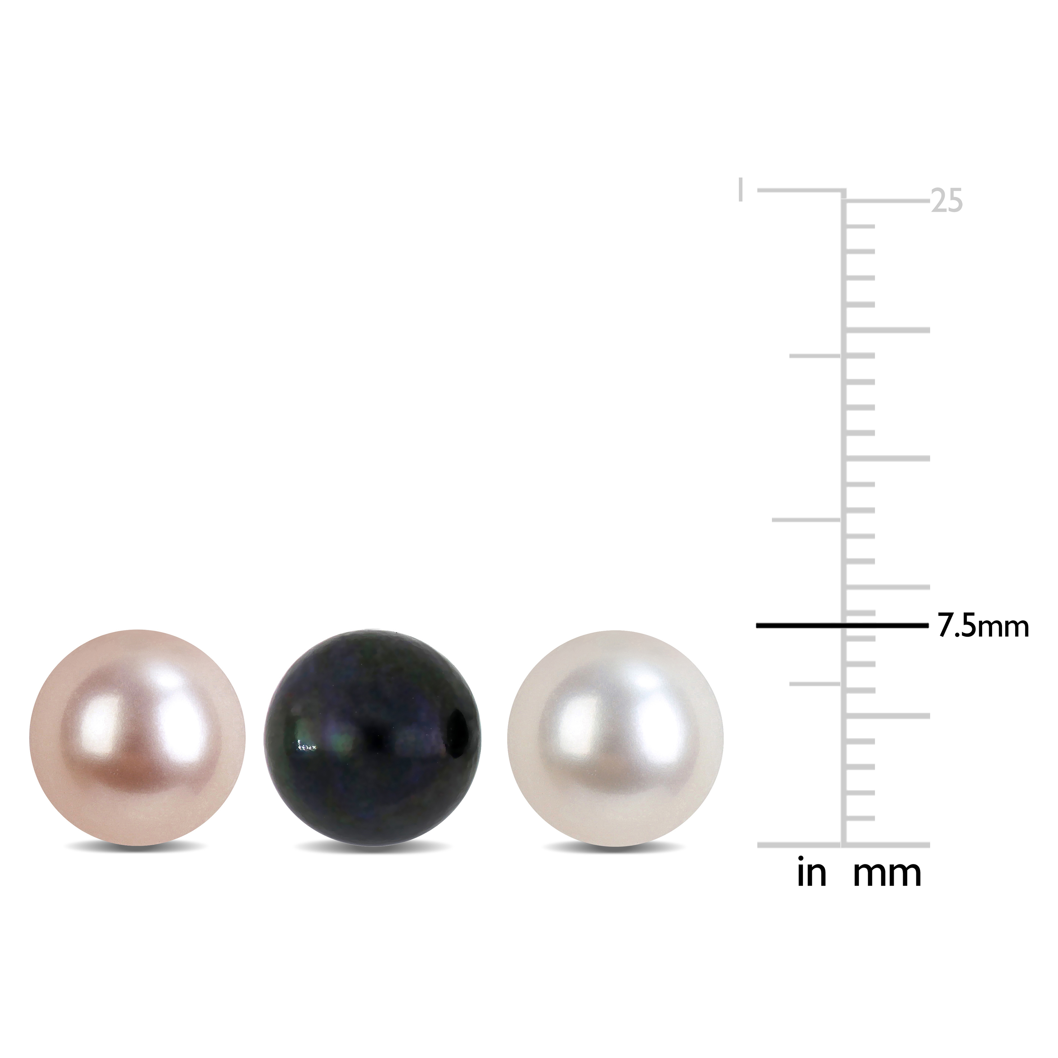 7-8mm Pink White and Black Cultured Freshwater Pearl Stud Earrings 3-Piece Set in Sterling Silver