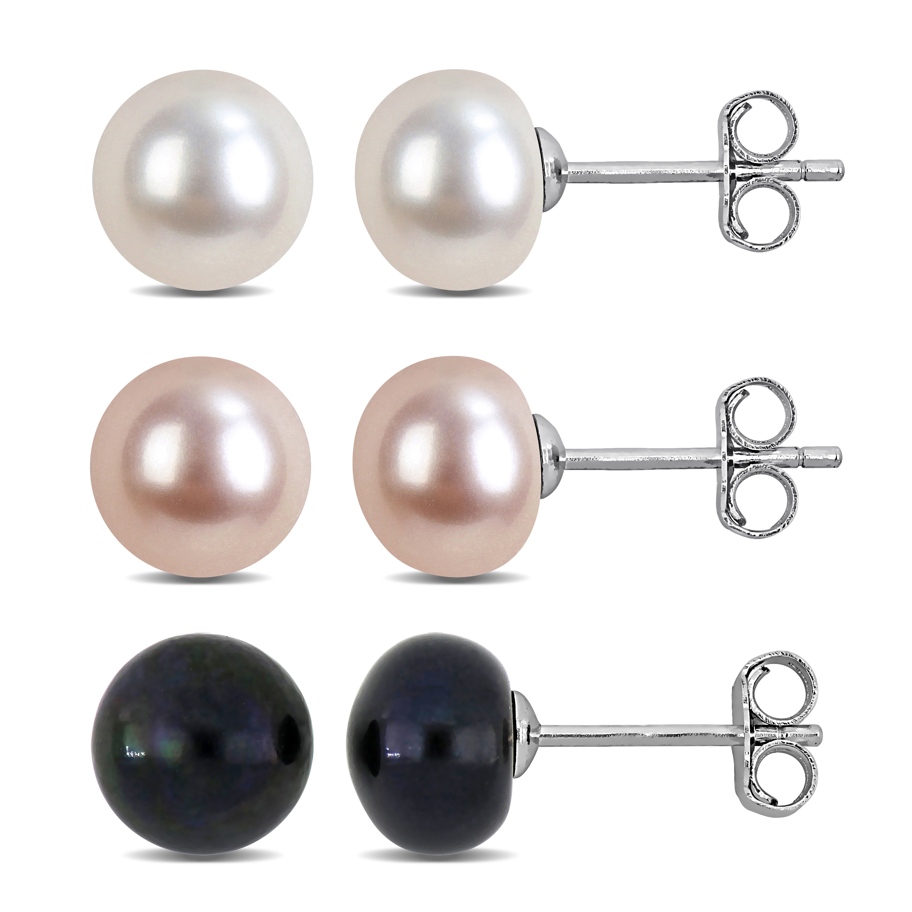 7-8mm Pink White and Black Cultured Freshwater Pearl Stud Earrings 3-Piece Set in Sterling Silver