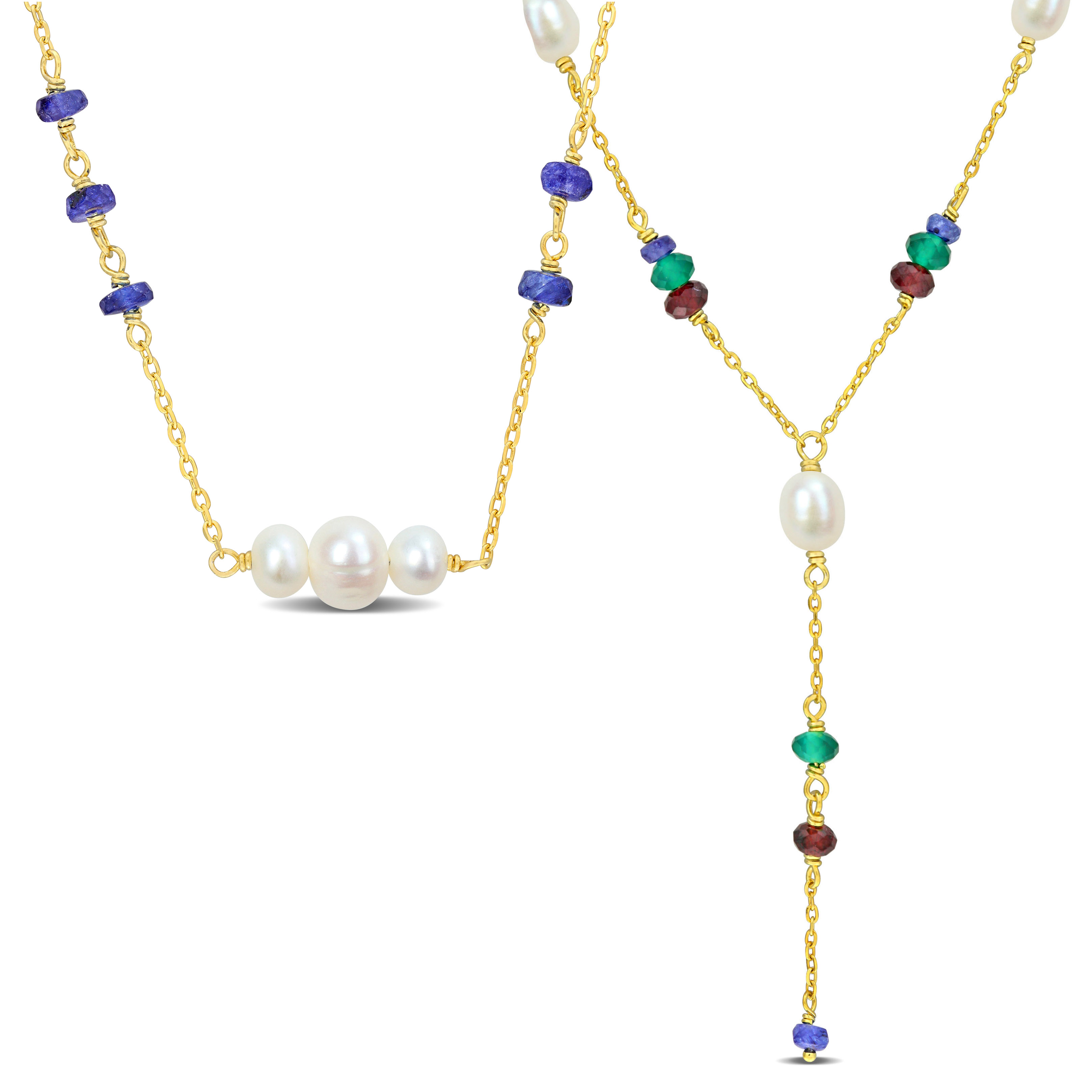 4-6.5 MM Cultured Freshwater Pearl and Multi-Gemstone Necklace Set in Yellow Plated Sterling Silver