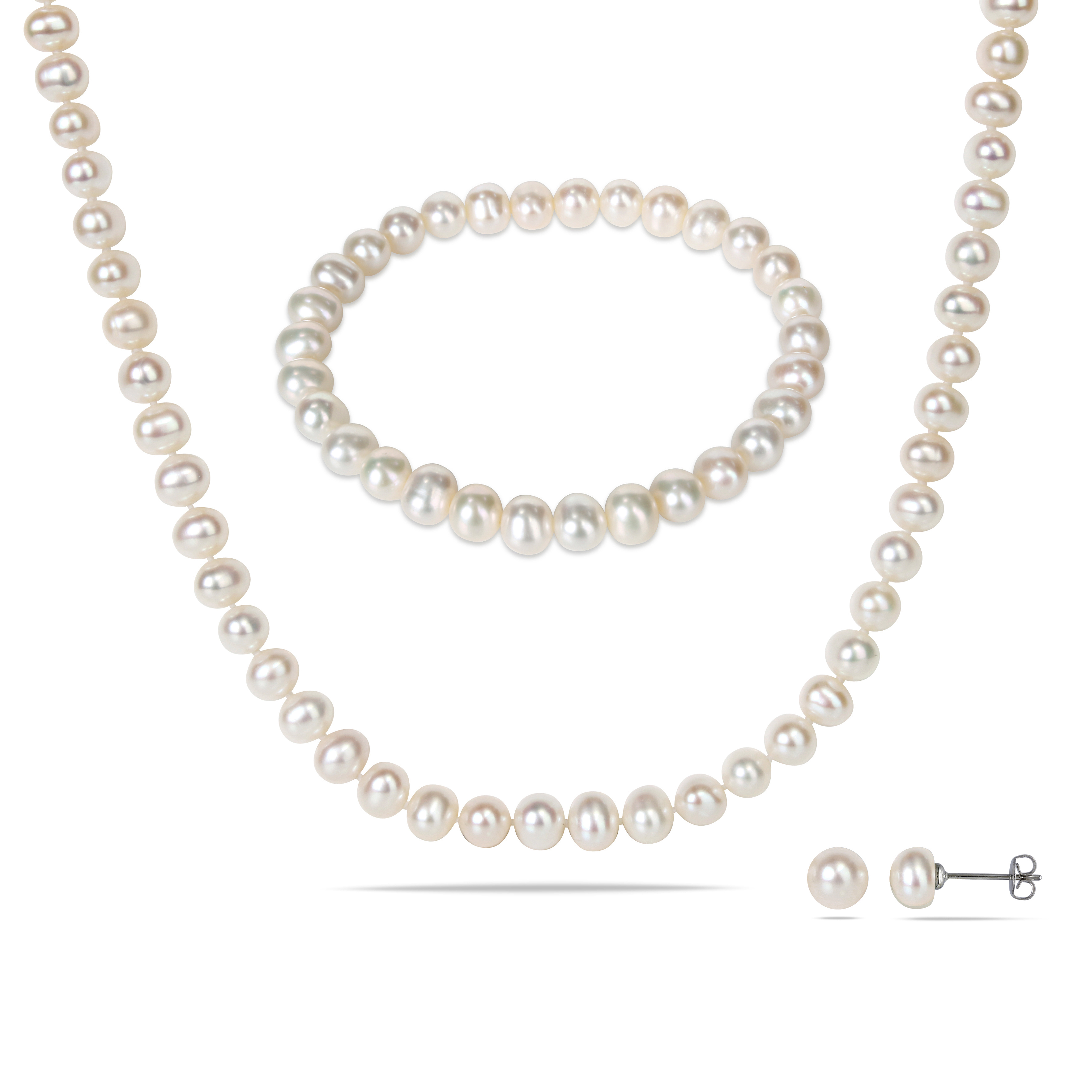 6 - 7 MM Freshwater Cultured Potato Pearl Elastic Bracelet, 18 Necklace & Earrings in Sterling Silver