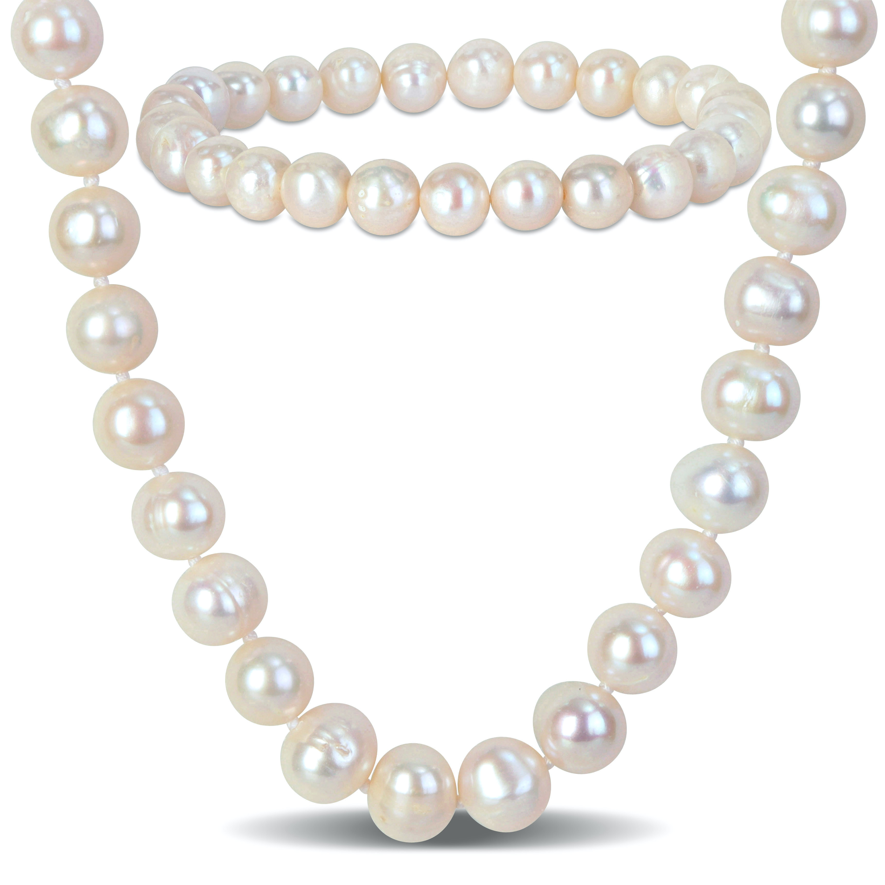 8-9 MM Cultured Freshwater Pearl Necklace and Elastic Bracelet Set with Silvertone Clasp