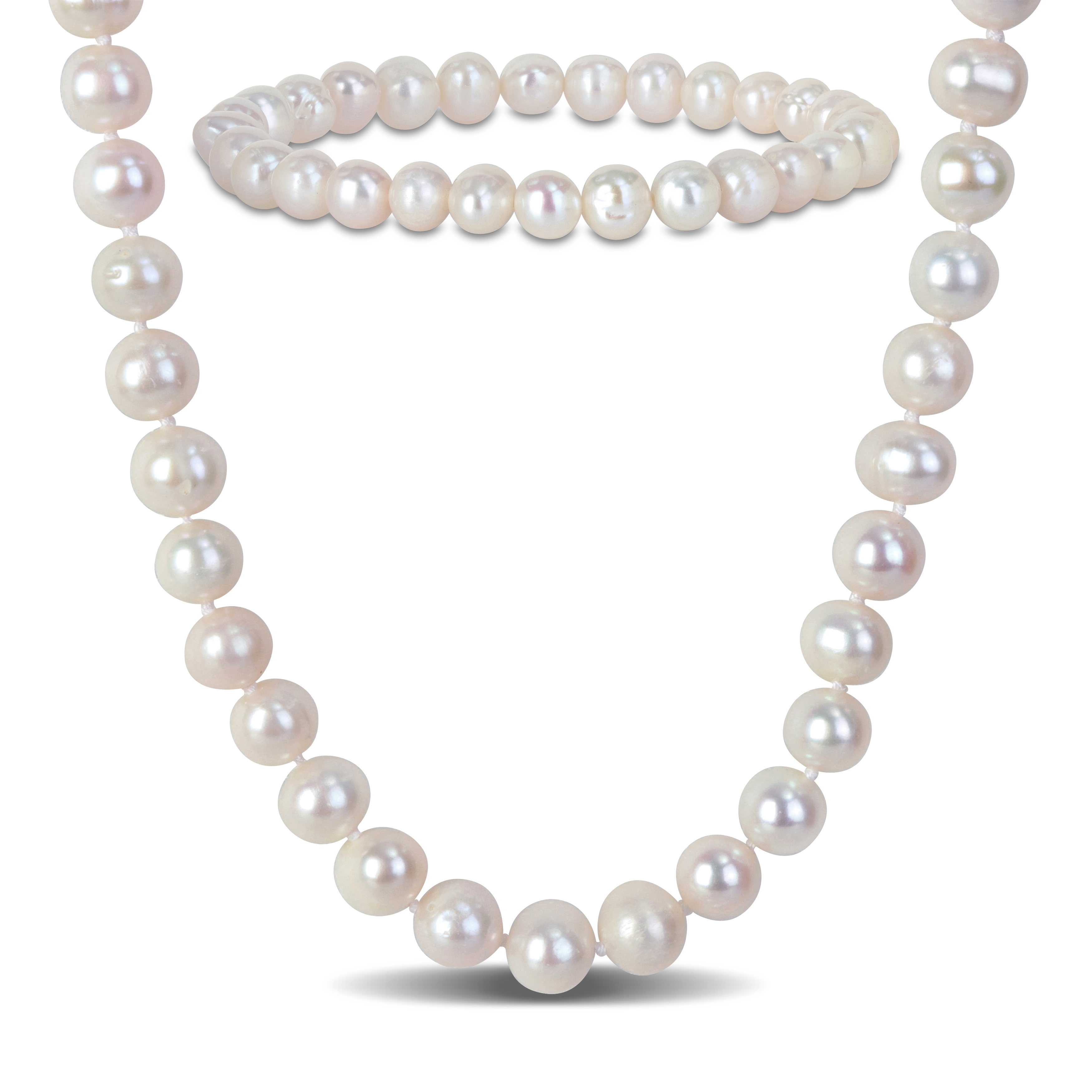 7-8 MM Cultured Freshwater Pearl Necklace and Elastic Bracelet Set with Silvertone Clasp