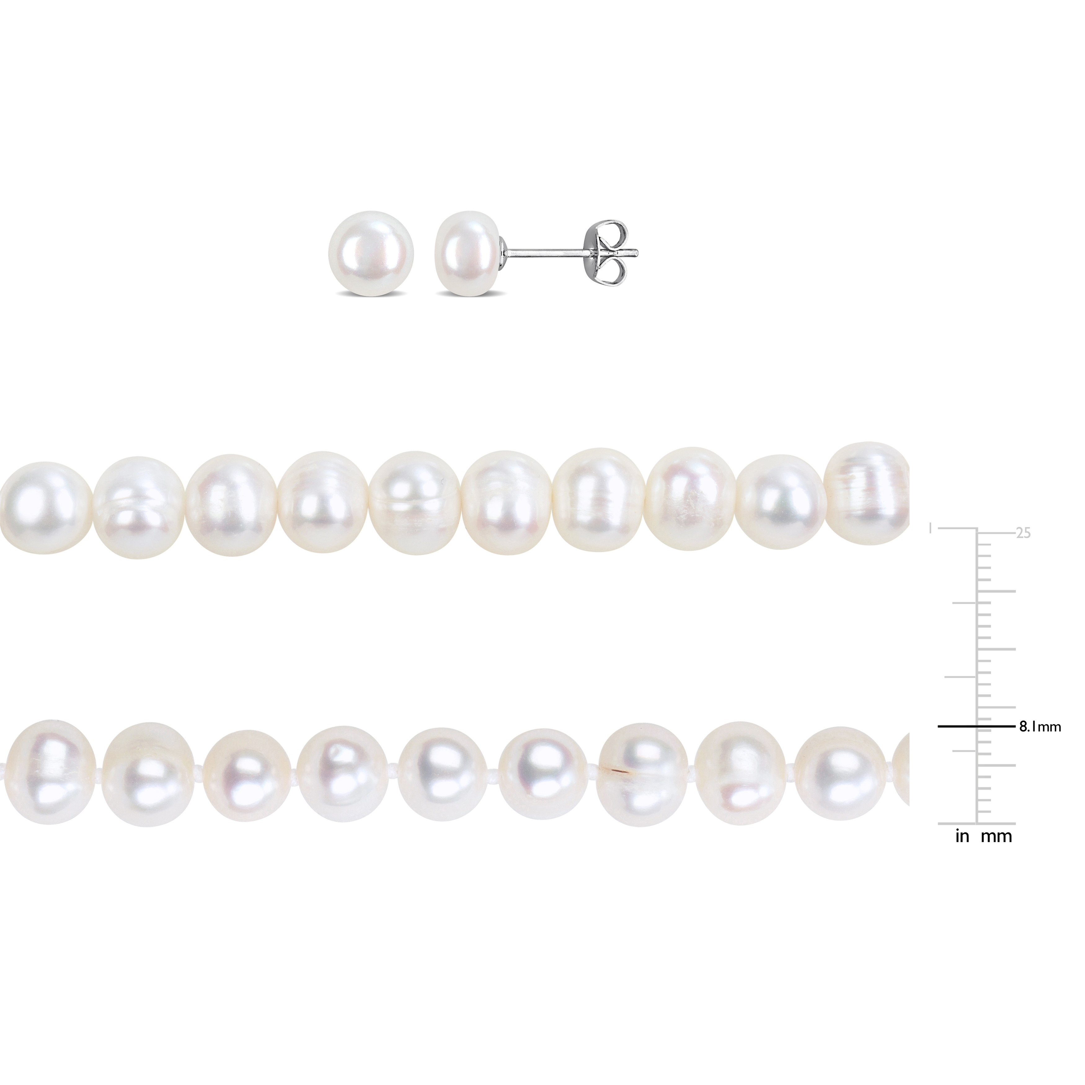 7-8mm Cultured Freshwater Pearl Elastic Bracelet Stud Earrings and Necklace with Sterling Silver Ball Clasp 3 Piece Set - 7.5 in + 20 in