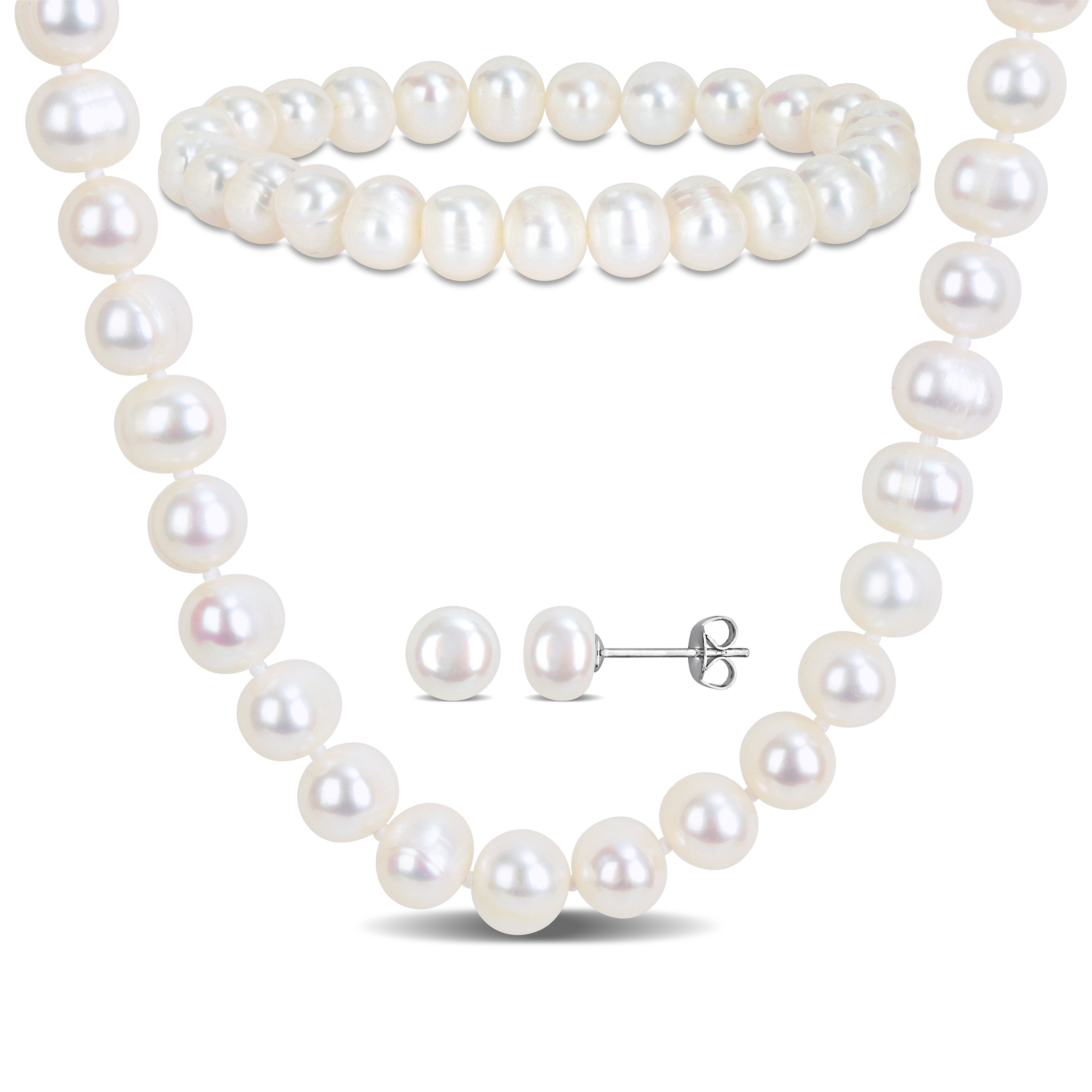 7-8mm Cultured Freshwater Pearl Elastic Bracelet Stud Earrings and Necklace with Sterling Silver Ball Clasp 3 Piece Set - 7.5 in + 20 in