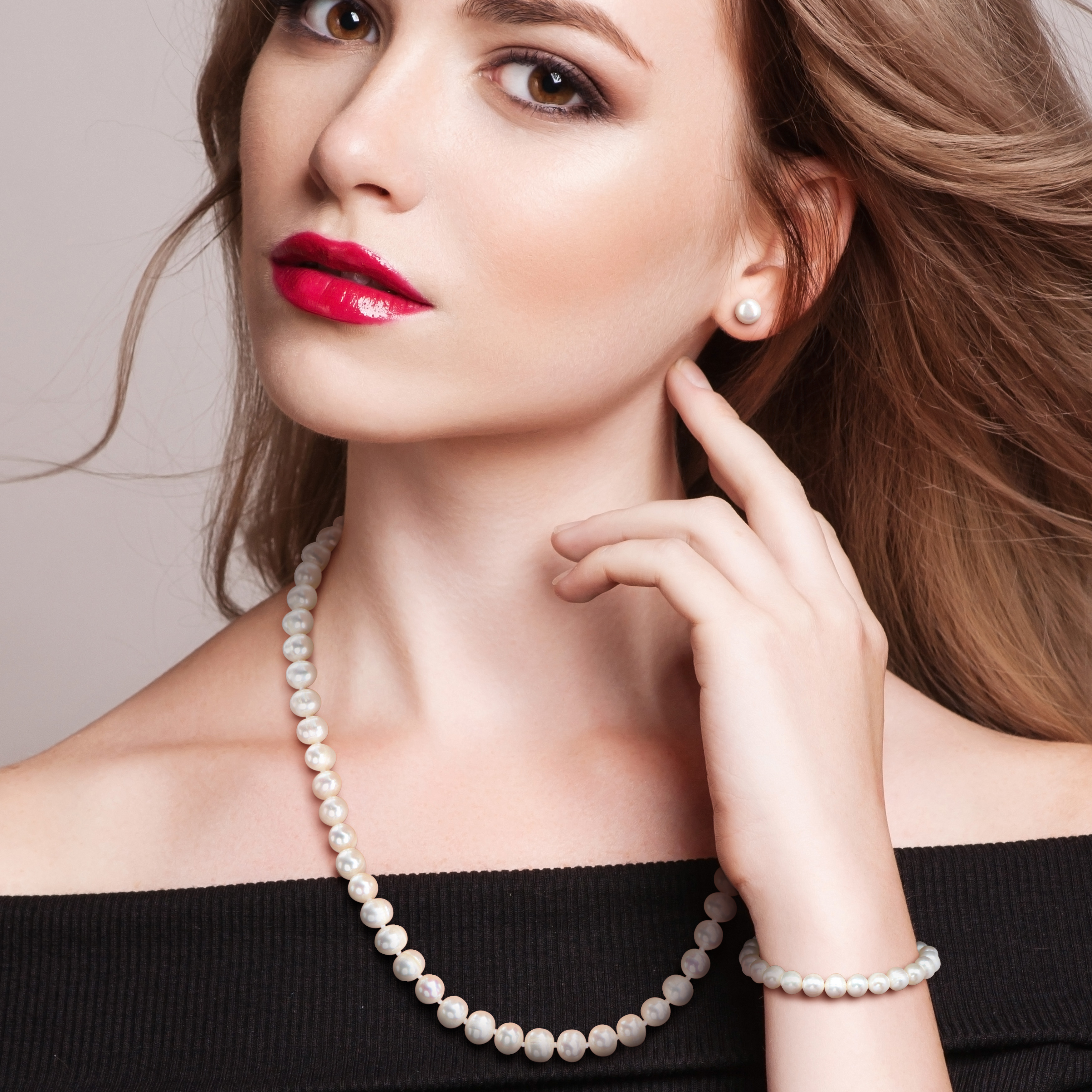7-8mm Cultured Freshwater Pearl Elastic Bracelet Stud Earrings and Necklace with Sterling Silver Ball Clasp 3 Piece Set - 7.5 in + 20 in
