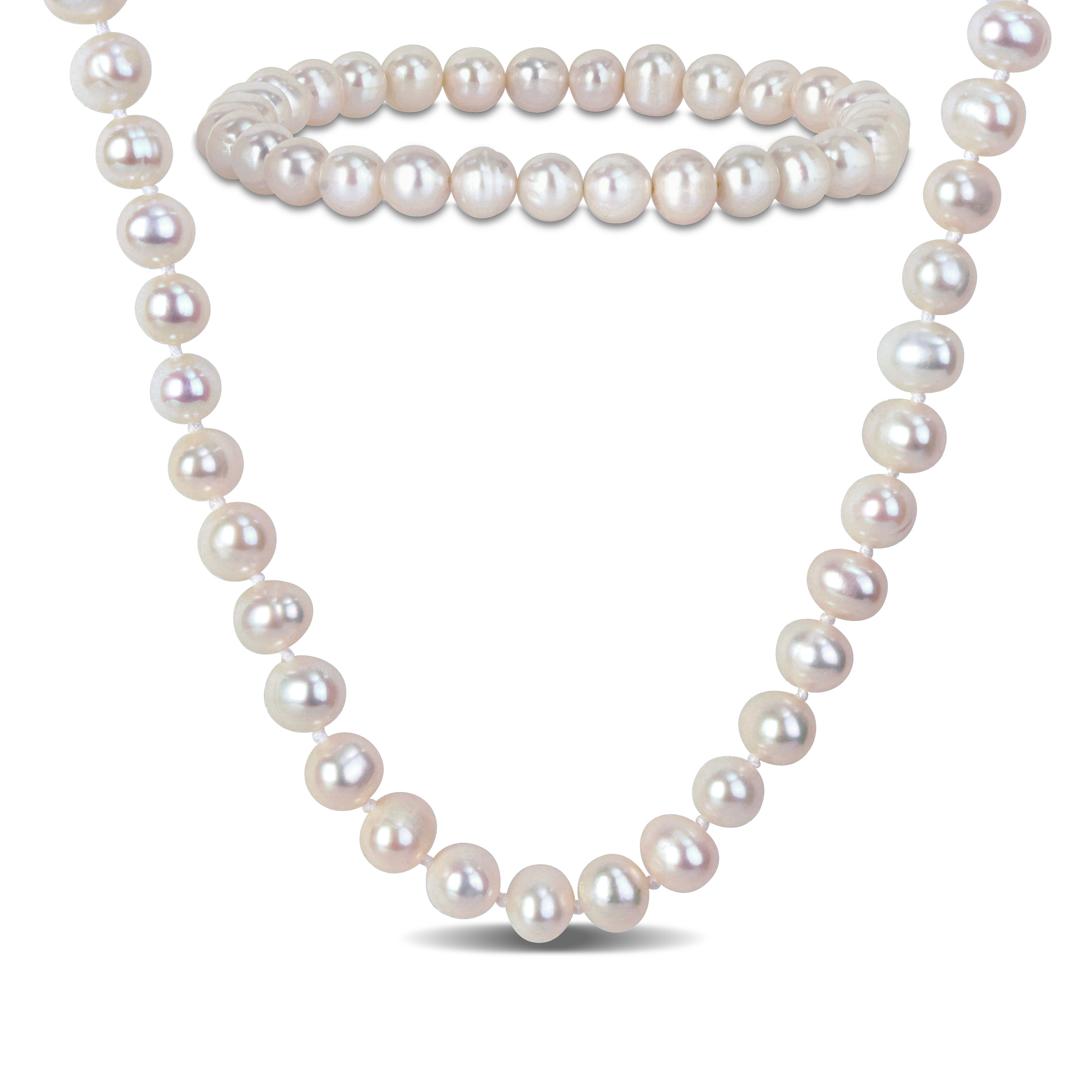 6-7 MM Cultured Freshwater Pearl Necklace and Elastic Bracelet Set with Silvertone Clasp