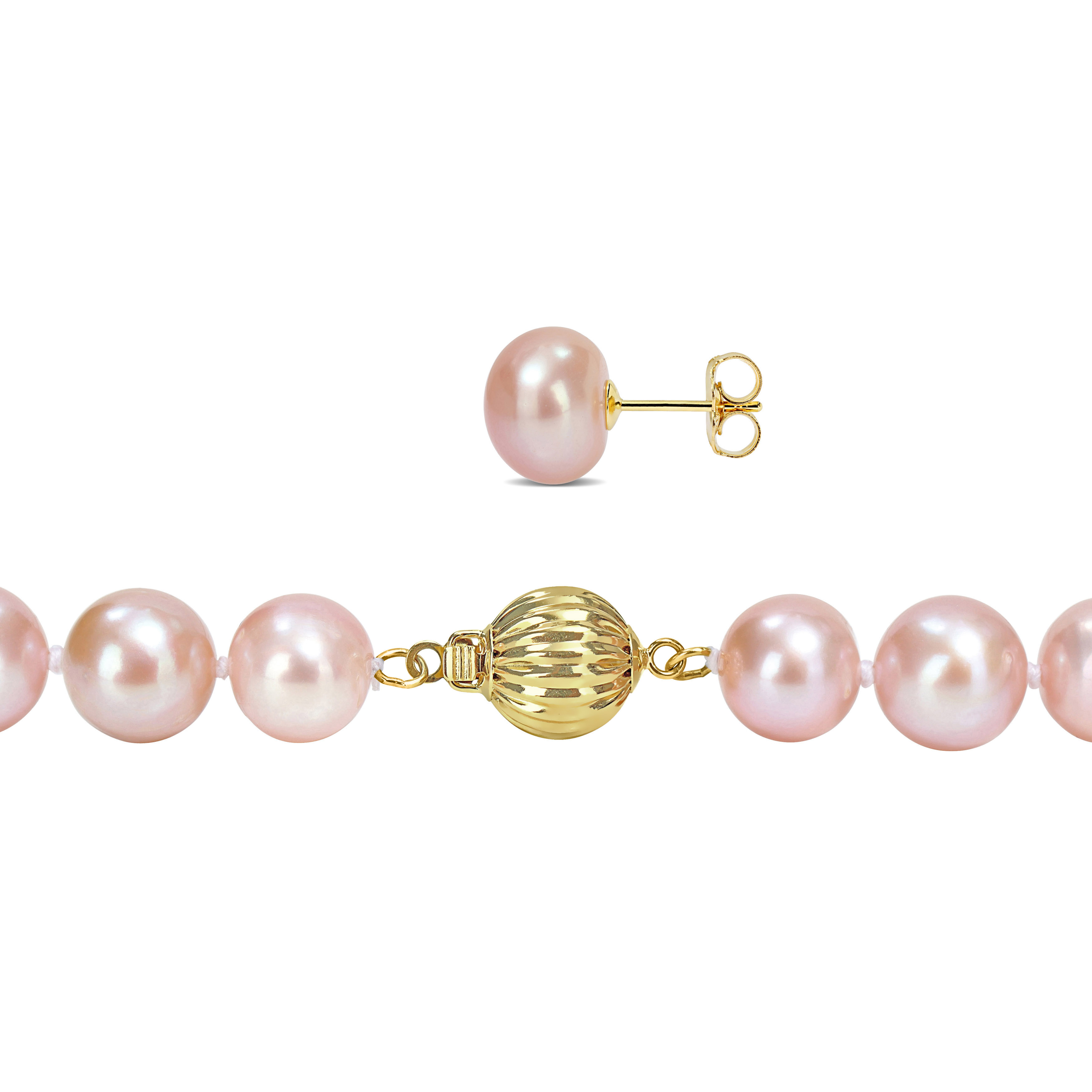 9-10 MM Pink Cultured Freshwater Pearl Strand Necklace and Stud Earrings 2-Piece Set with 14k Yellow Gold