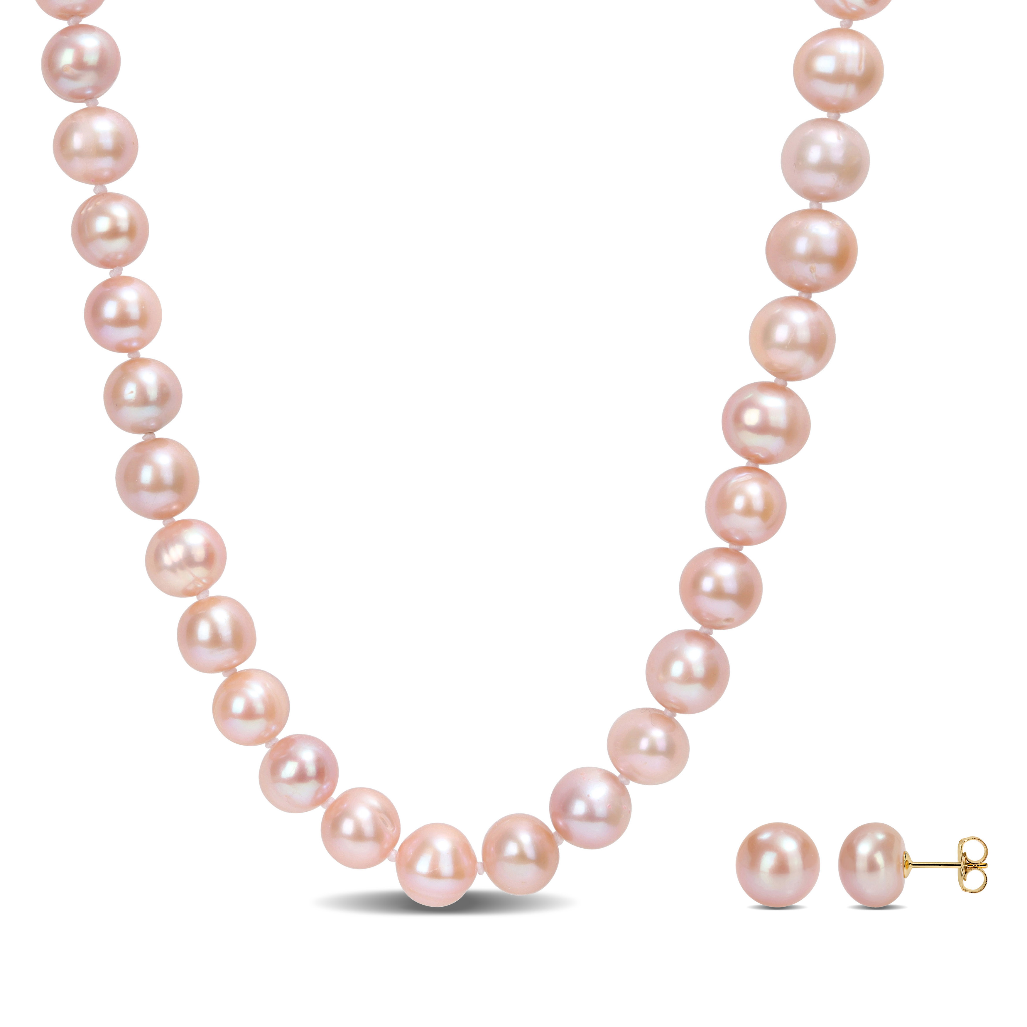 9-10 MM Pink Cultured Freshwater Pearl Strand Necklace and Stud Earrings 2-Piece Set with 14k Yellow Gold