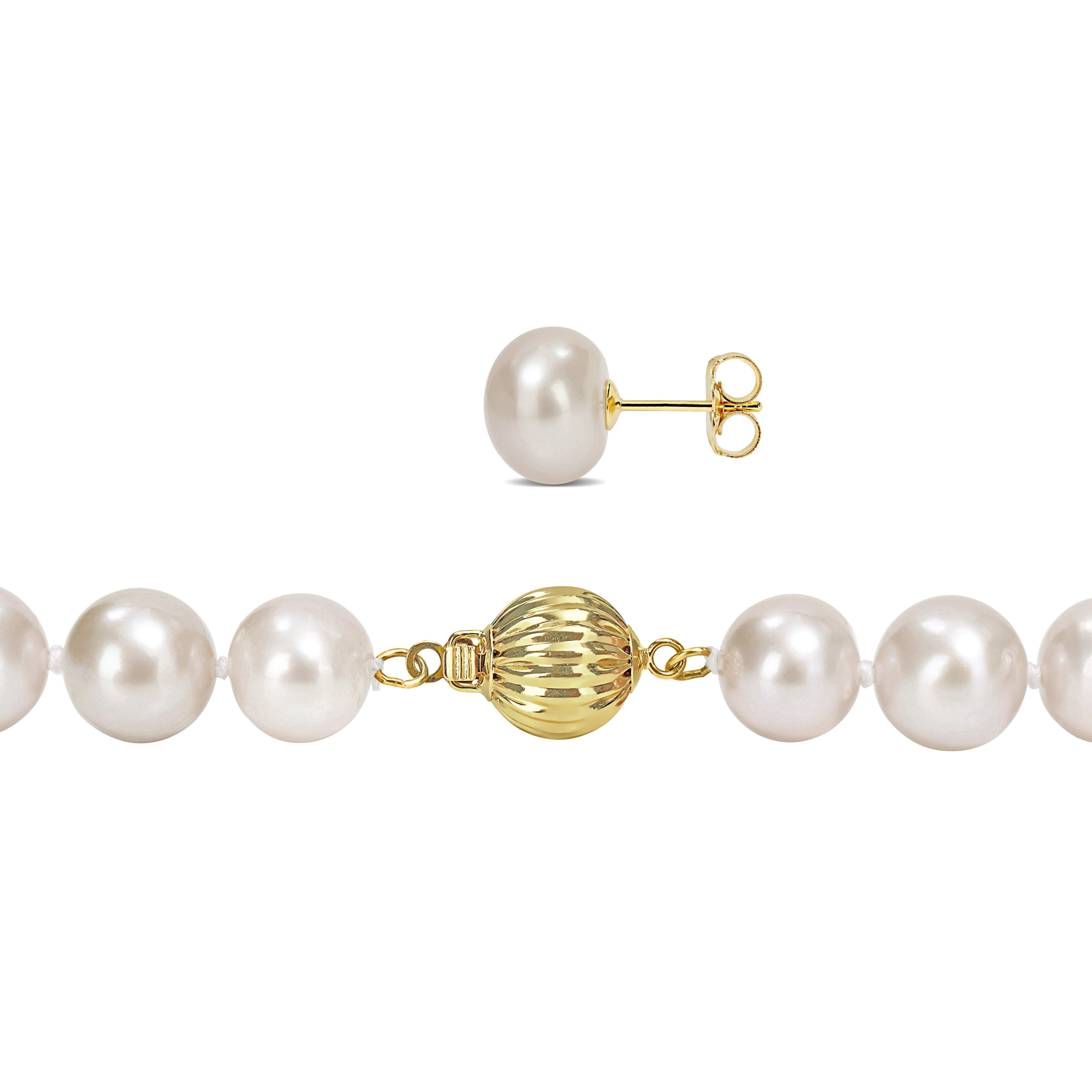 9-10 MM Cultured Freshwater Pearl Strand Necklace and Stud Earrings 2-Piece Set in 14k Yellow Gold